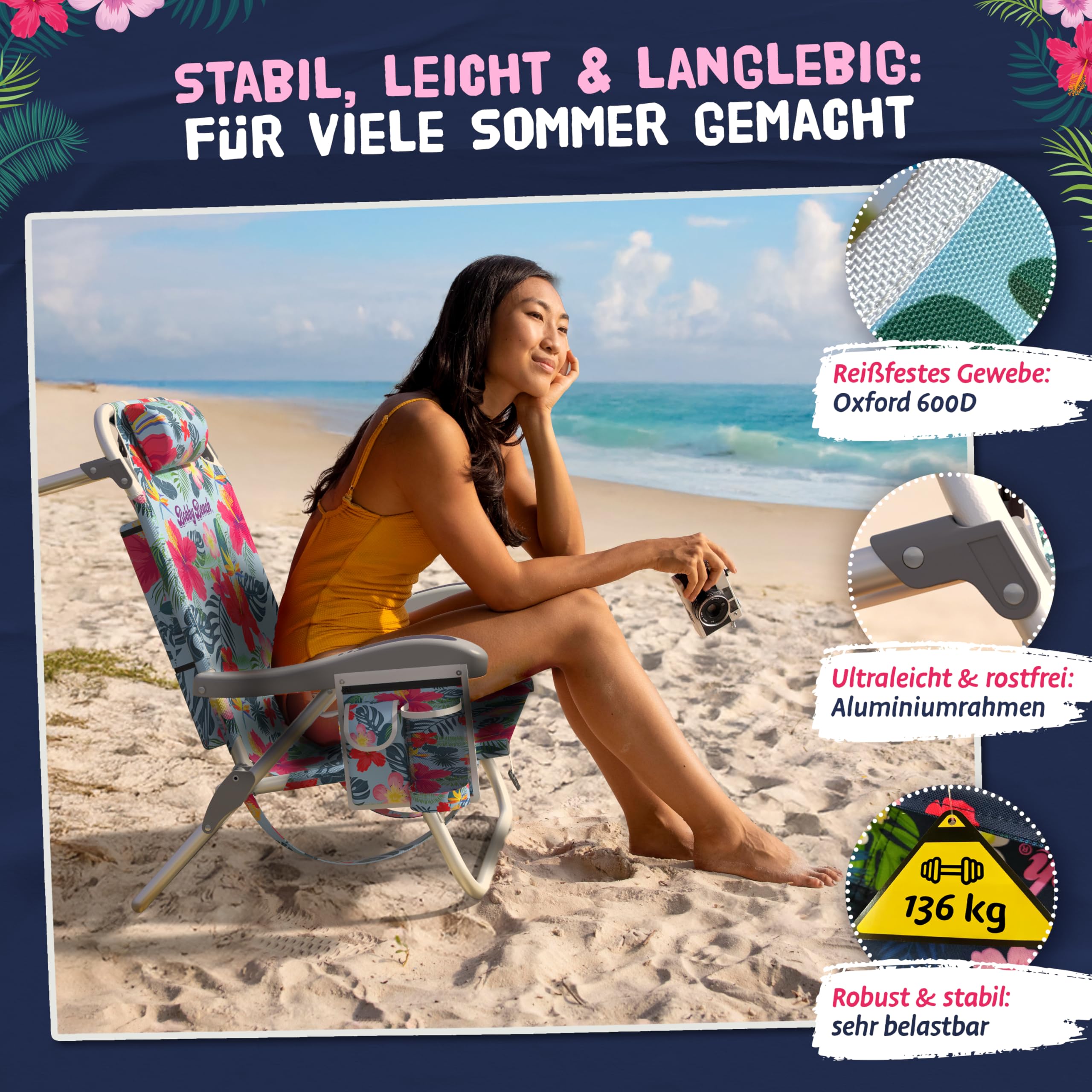 Bobby Beach Strandstuhl | Klappstuhl & Strandliege klappbar leicht als Rucksack zu tragen | Campingstuhl faltbar mit Getränkehalter & Taschen | Liege & Liegestuhl klappbar (Strandstuhl, Aqua Blue)