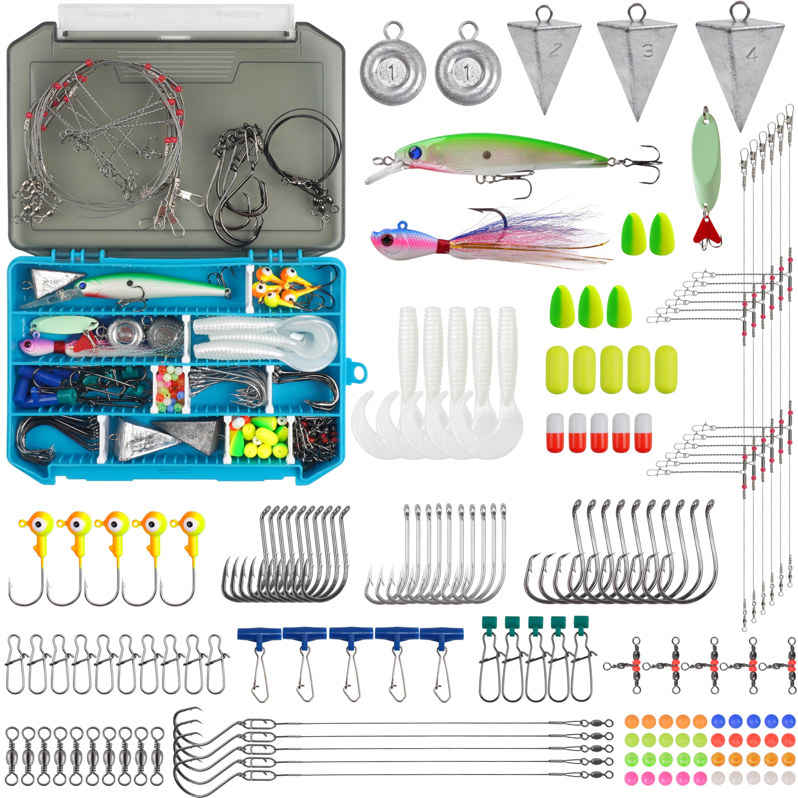 Surf Fishing Tackle Kit,150pcs Ocean Saltwater Fishing Lures Fish Finder Rigs Bucktail Jig Pompano Float Pyramid Sinker Disc Weight Hook Wire Leader Swivel Accessories