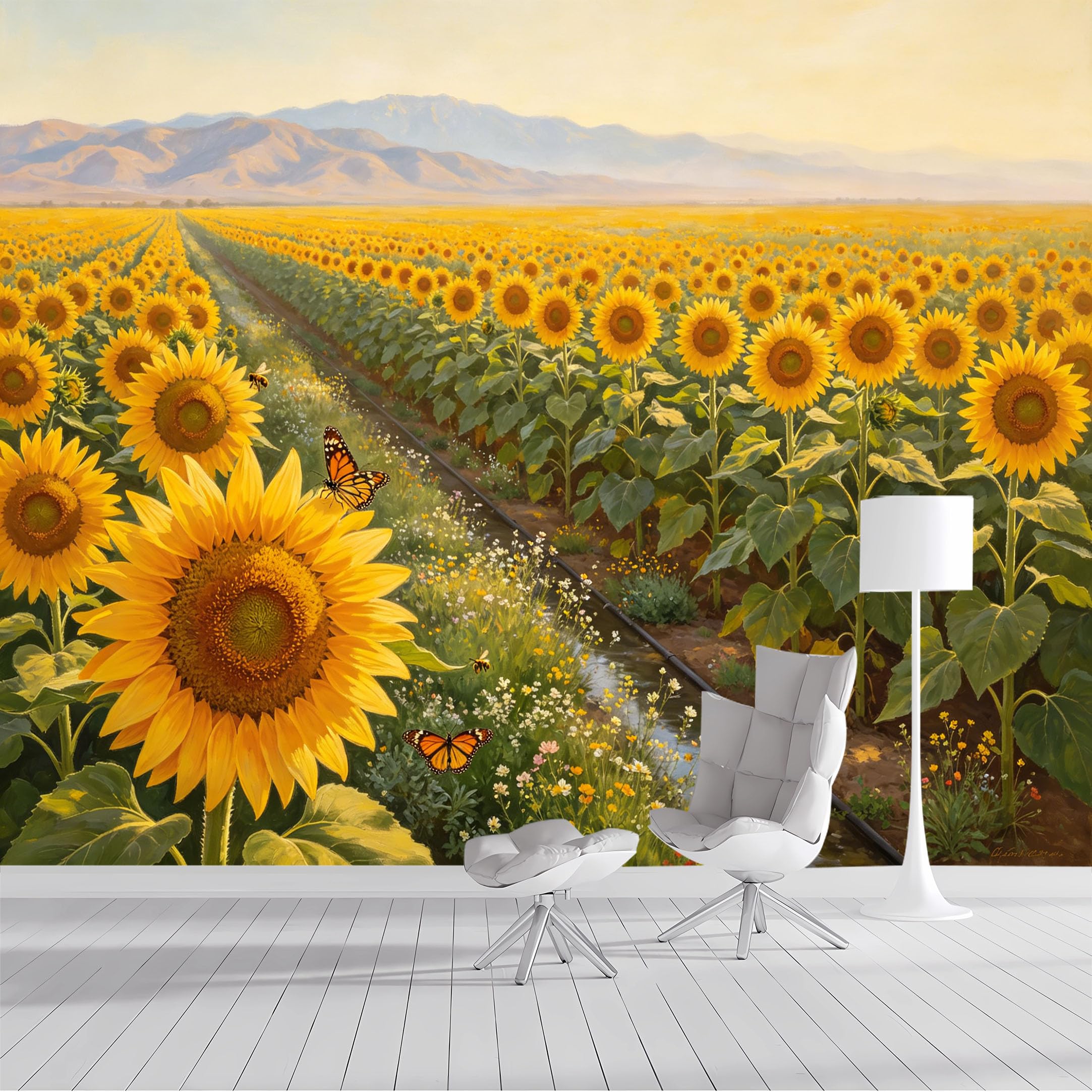 Custom Size Wall Mural Sunflower Field Landscape Oil Painting with Butterflies and Bees SelfAdhesive Wall Fabric Removable Peel and Stick Wallpaper for Living Room Bedroom Bathroom