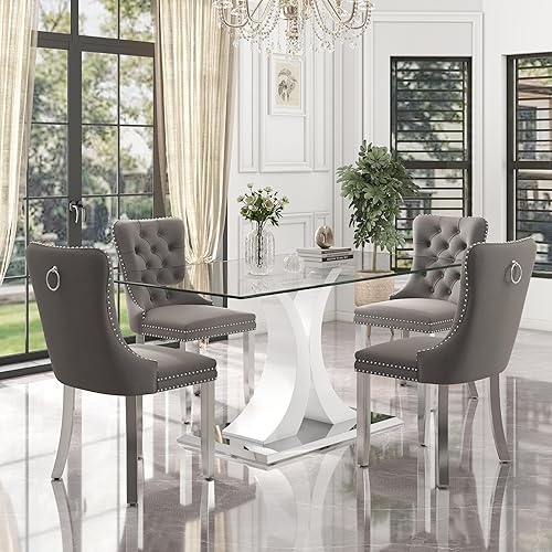 Miniatura 75 de Juego de mesa de comedor moderno de vidrio para 4, mesa de 160 cm de vidrio templado con base dorada estética y 4 sillas de comedor lujosas azules y