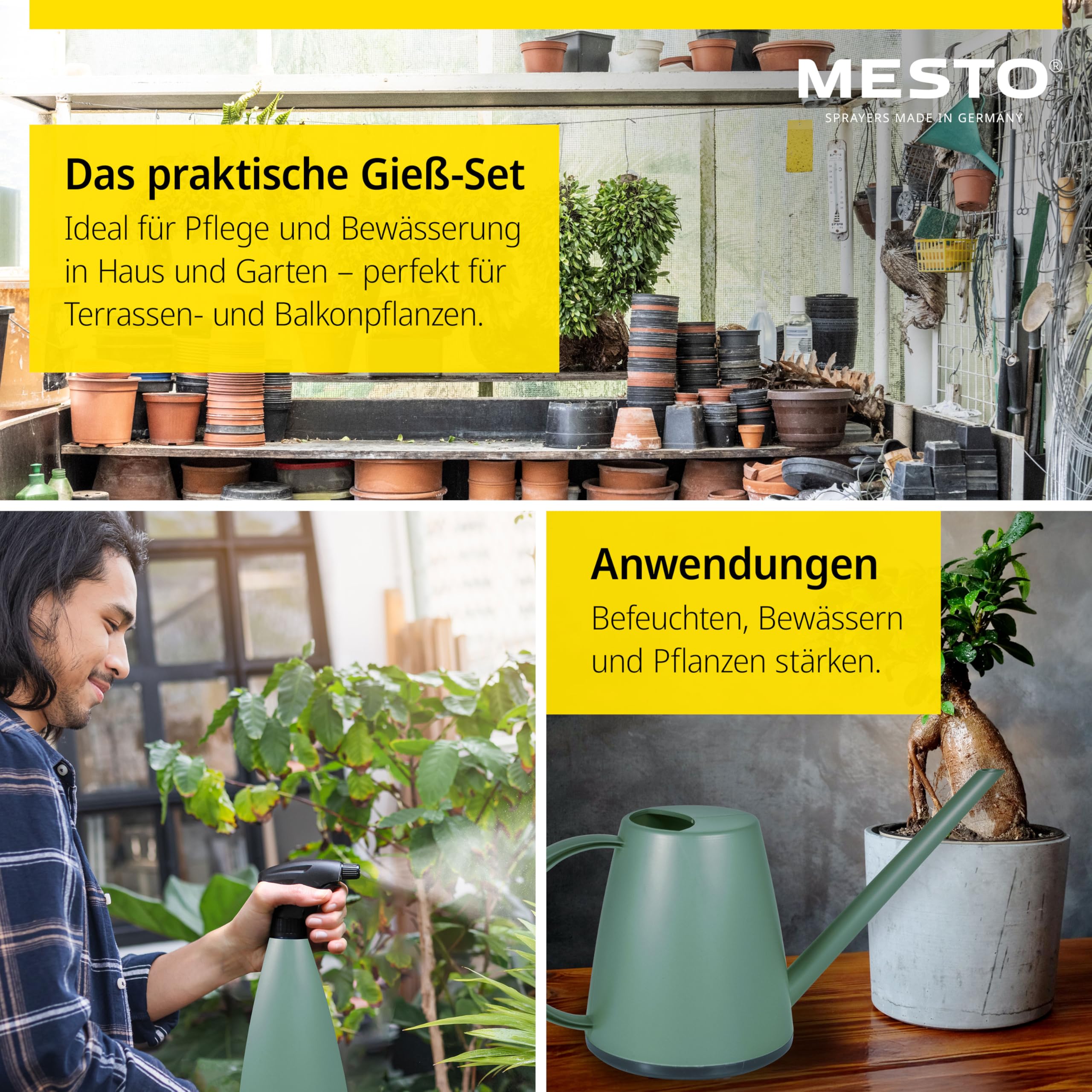 Mesto Lucky Forest - Regadera de 1 L, Incluye atomizador de Mano Mini Forest de 0,79 l, Botella de Spray y regadera para Plantas de Interior y jardín, riego y Cuidado de Plantas, Boquilla Ajustable