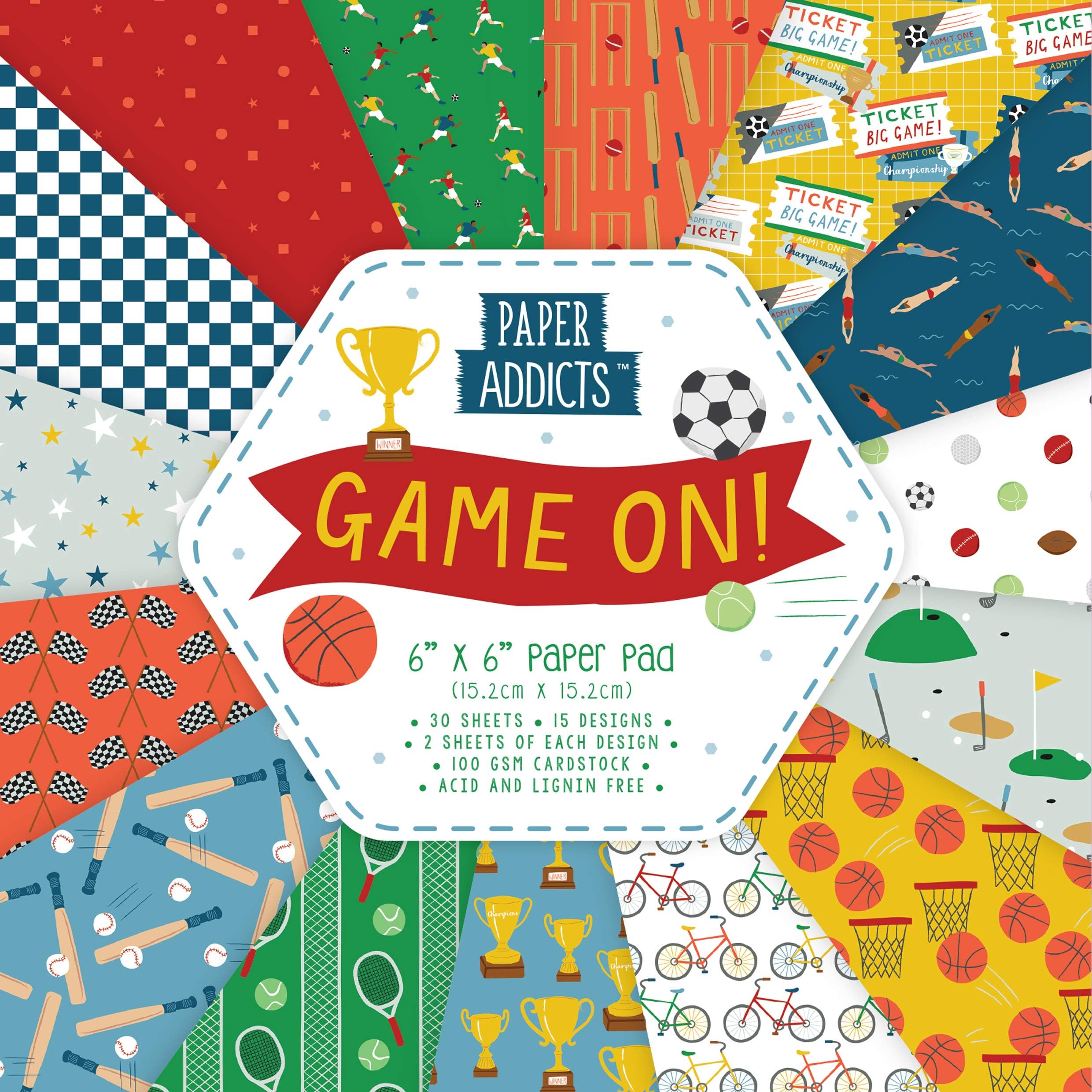 Paper Addicts Game On 6"x6" Pad-30 Sheets-15 Designs-100GSM-Acid & Lignin Free-for Card Making, Papercraft, Scrapbooking, Die Cutting and Home Décor, Multicolour, 6" x 6" Paper Pad
