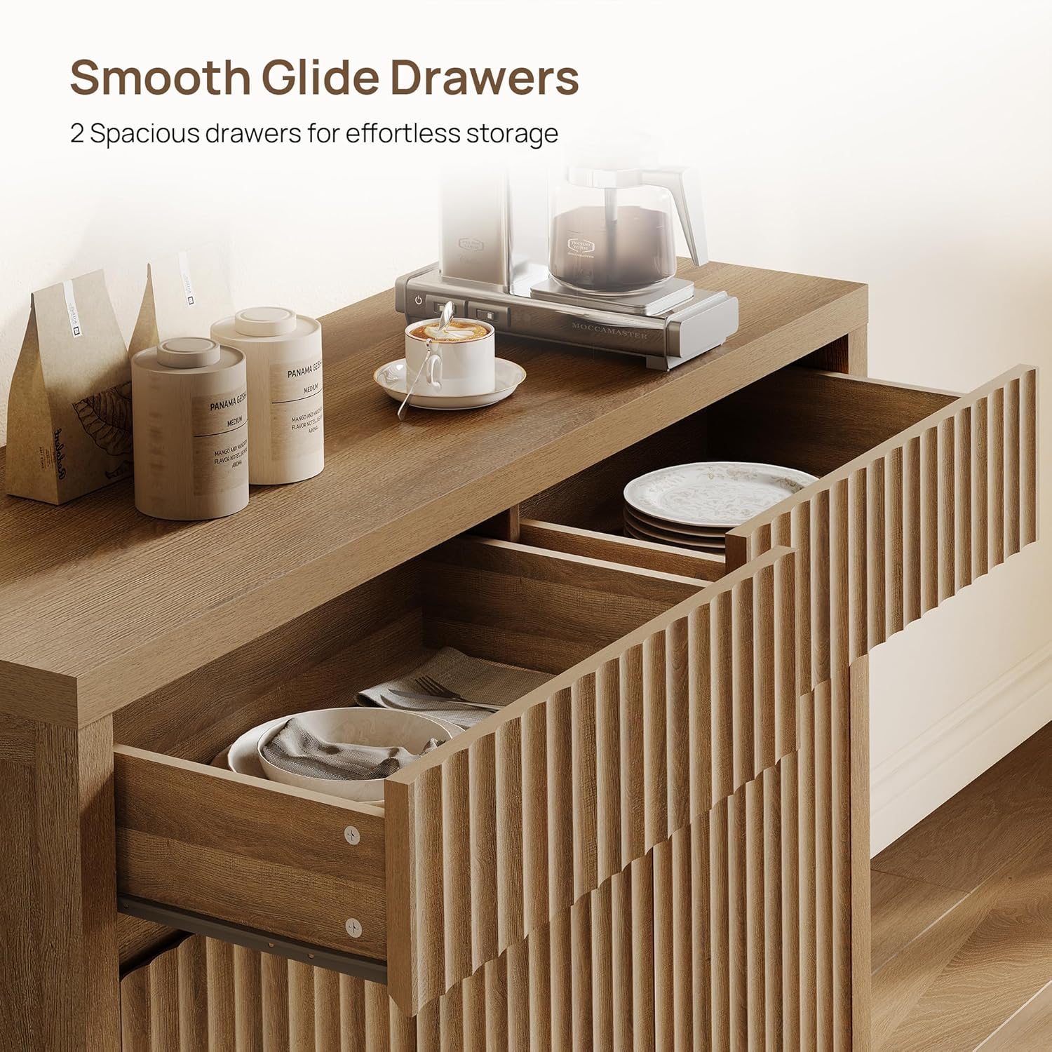 SICOTAS Fluted Sideboard Buffet Cabinet with Storage – 42" Credenza Accent Cabinet with 2 Drawers and 3 Doors, Modern Entryway Cabinet Console with Adjustable Shelves for Living Room, Kitchen