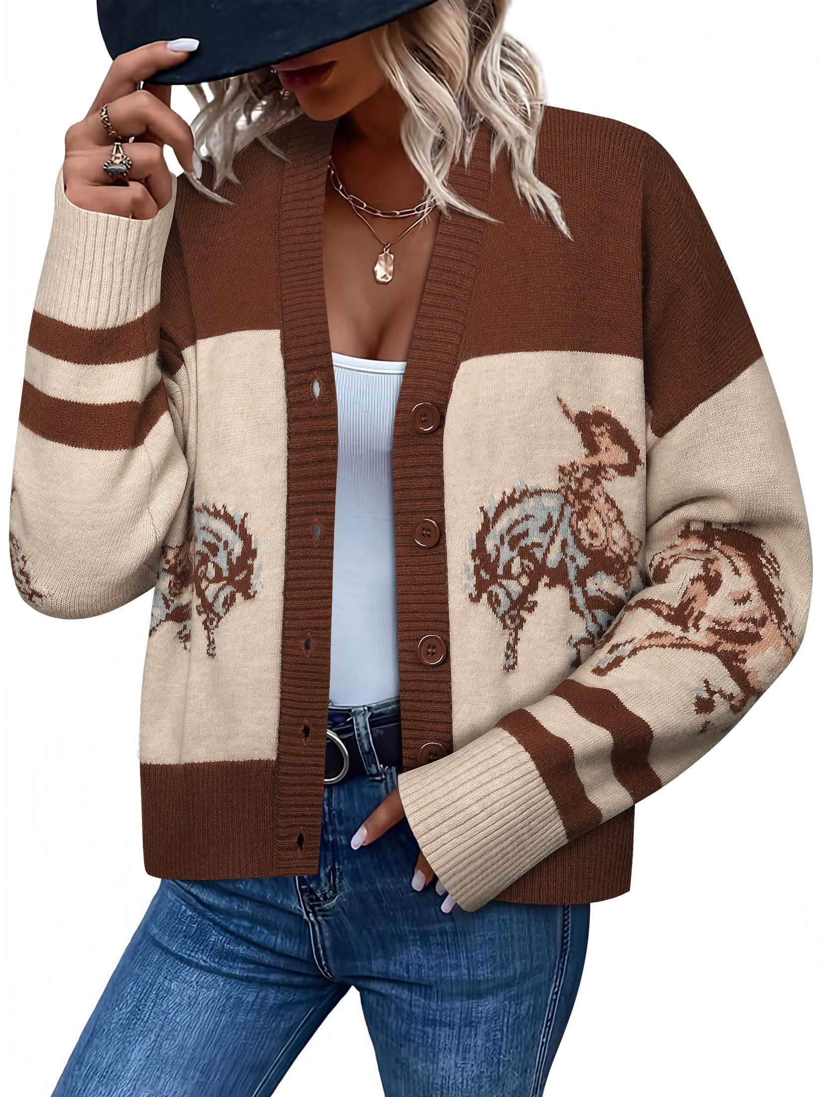 MYMORE Womens Western Cowgirl Graphic Cardigan Sweaters Color Block Cowboy Print V Neck Button Up Cardigans Sweater