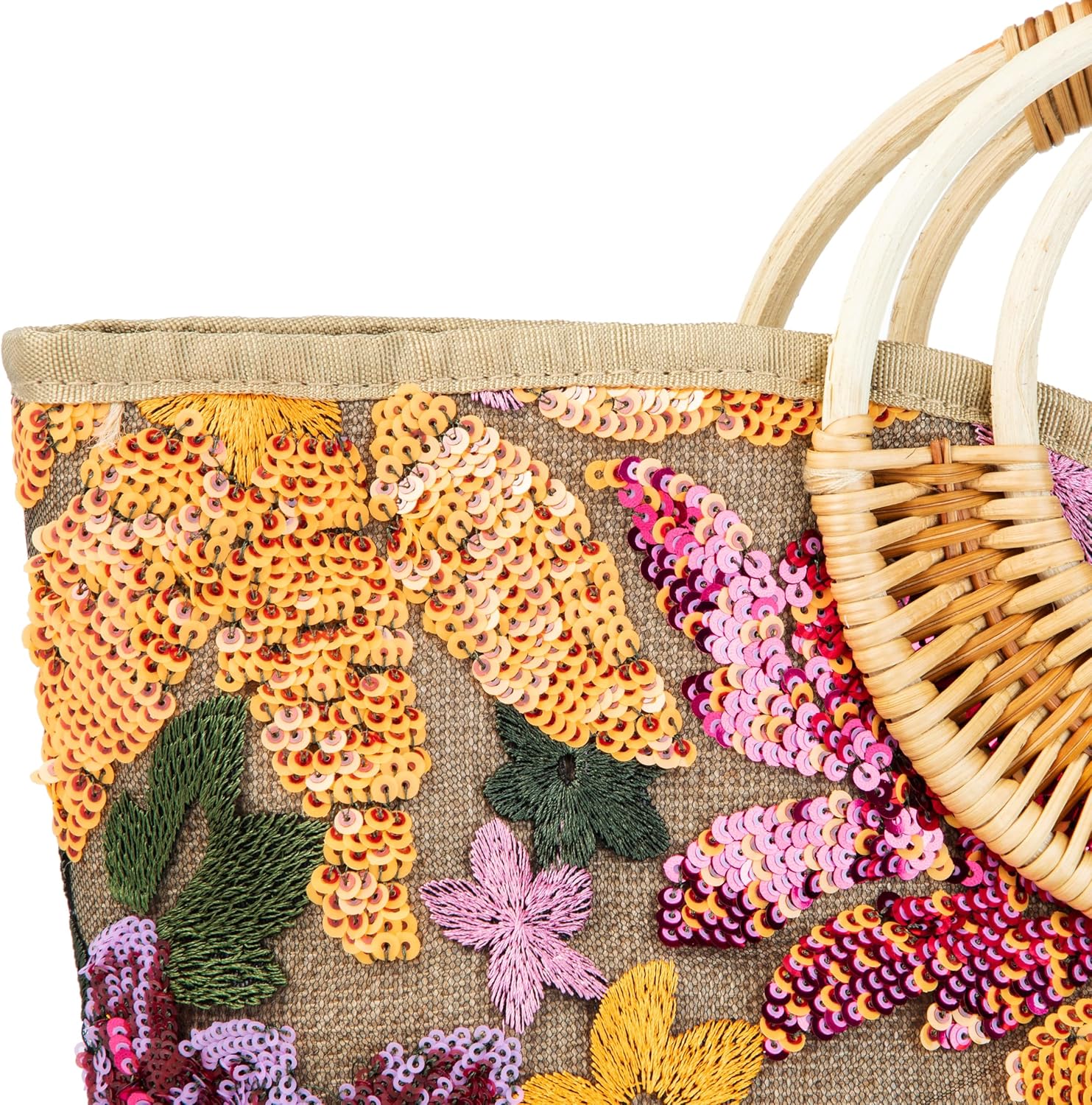 Rattan Wood Handle Sequin Embroidered Floral Beach Bag Tote for Vacation and Wedding Party