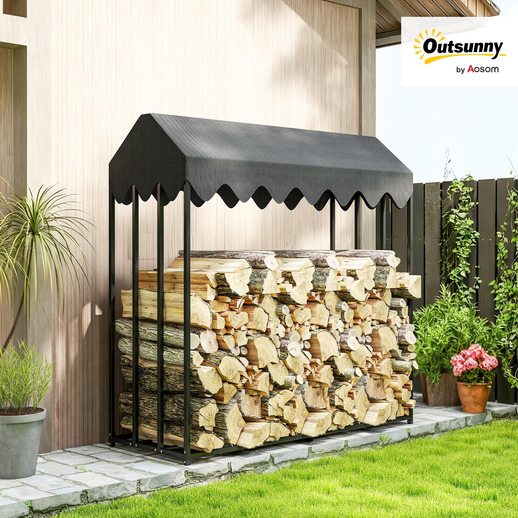 Outsunny Range bûches extérieur en acier 186 x 70 x 185 cm grande capacité 1,9 m³, étagère à bûches avec abri bois de chauffage et housse de protection 600D Oxford noir