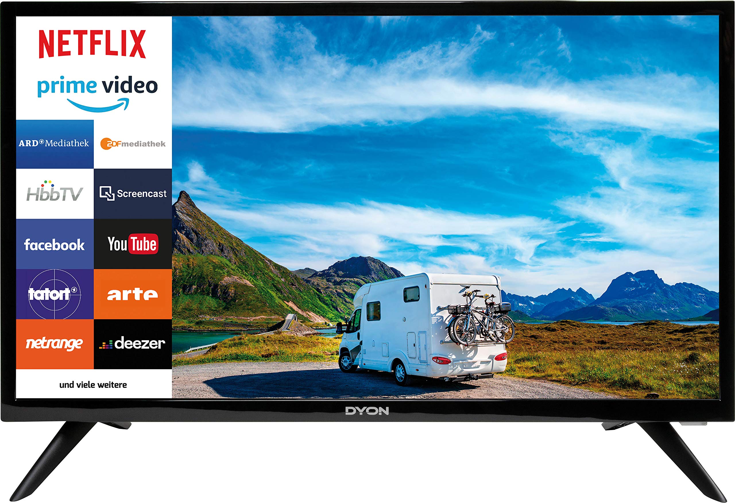 SCHWAIGER TVSET3 SAT Camping Set inkl. TV 24 Zoll HD+ Satellitenschüssel Single LNB Koaxialkabel 10m Dreibeinstativ SAT-Finder Stahl-Antenne 42x42cm