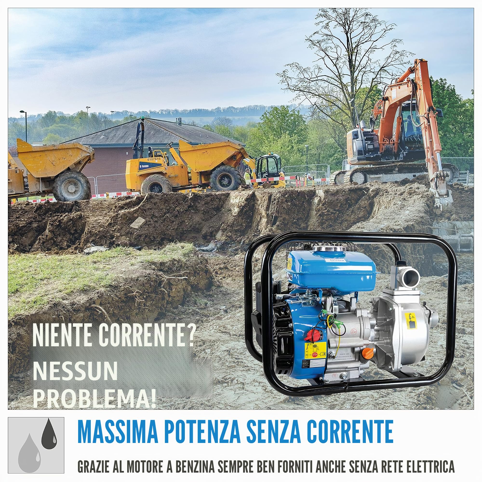 Güde 94503 - Set pompa motore GMP 15.22 (motore a 4 tempi, volume: 15.000 l/h, altezza massima di mandata: 22 m, pompa motore a benzina), blu, nero