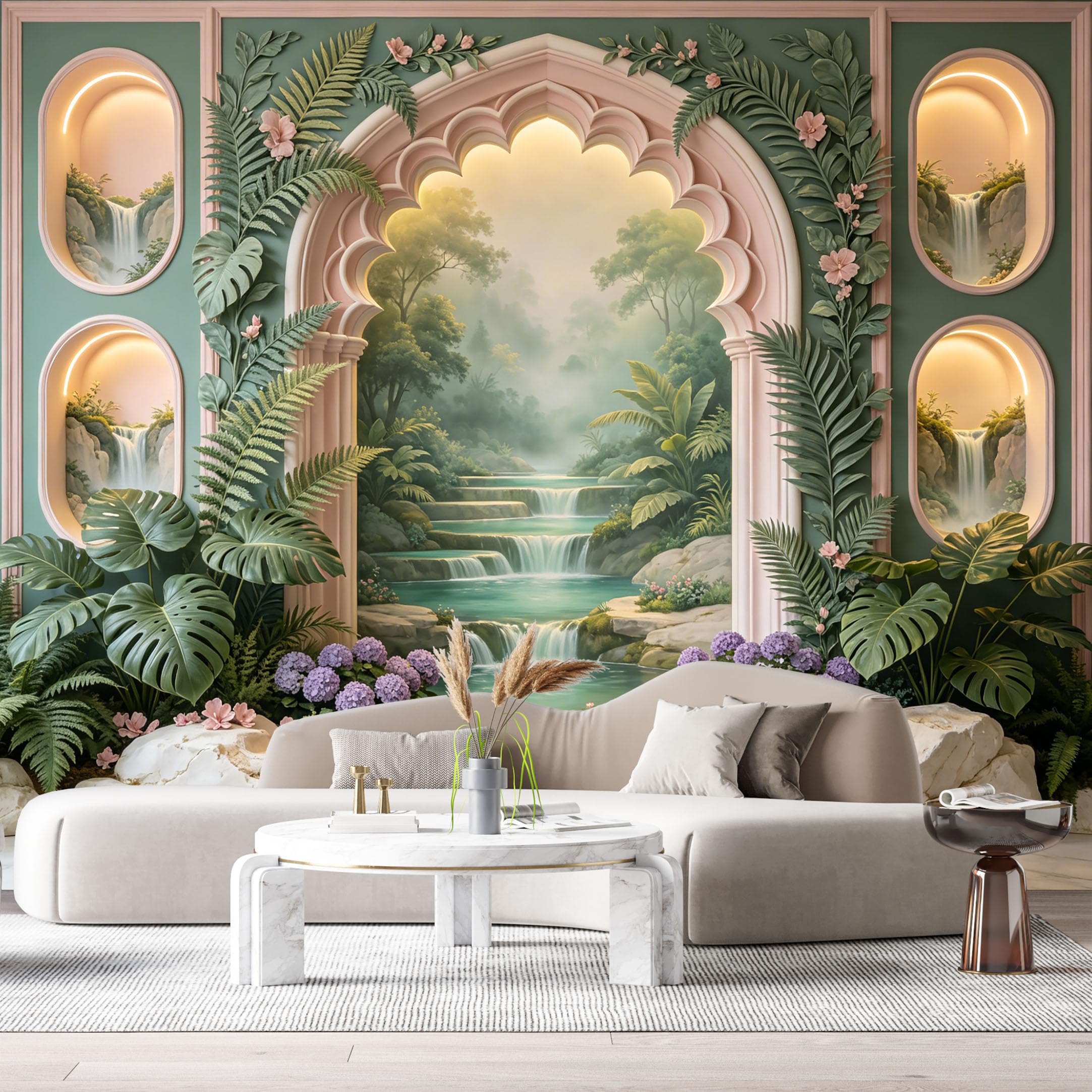 Custom Size Wall Murals Tropical Waterfall Forest Archway 3D Trompe L'Oeil SelfAdhesiveWall Fabric Removable Wallpaper Wall Decor for Living Room Bedroom Bathroom