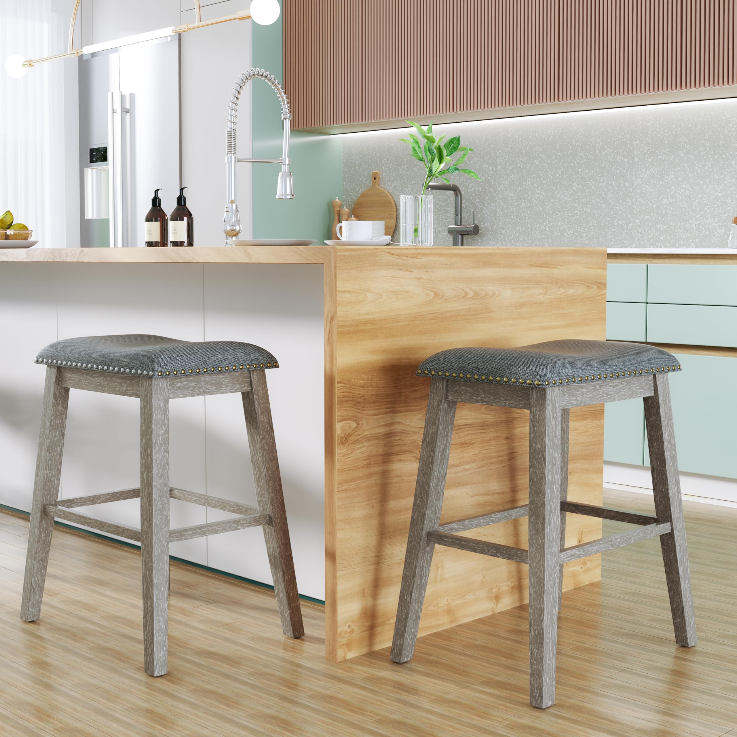 Buytime Counter Height Bar Stools Set of 2, 29 Inch Barstools for Kitchen Island, Upholstered Kitchen Chairs with Thick Saddle Seats, Fabric Wood