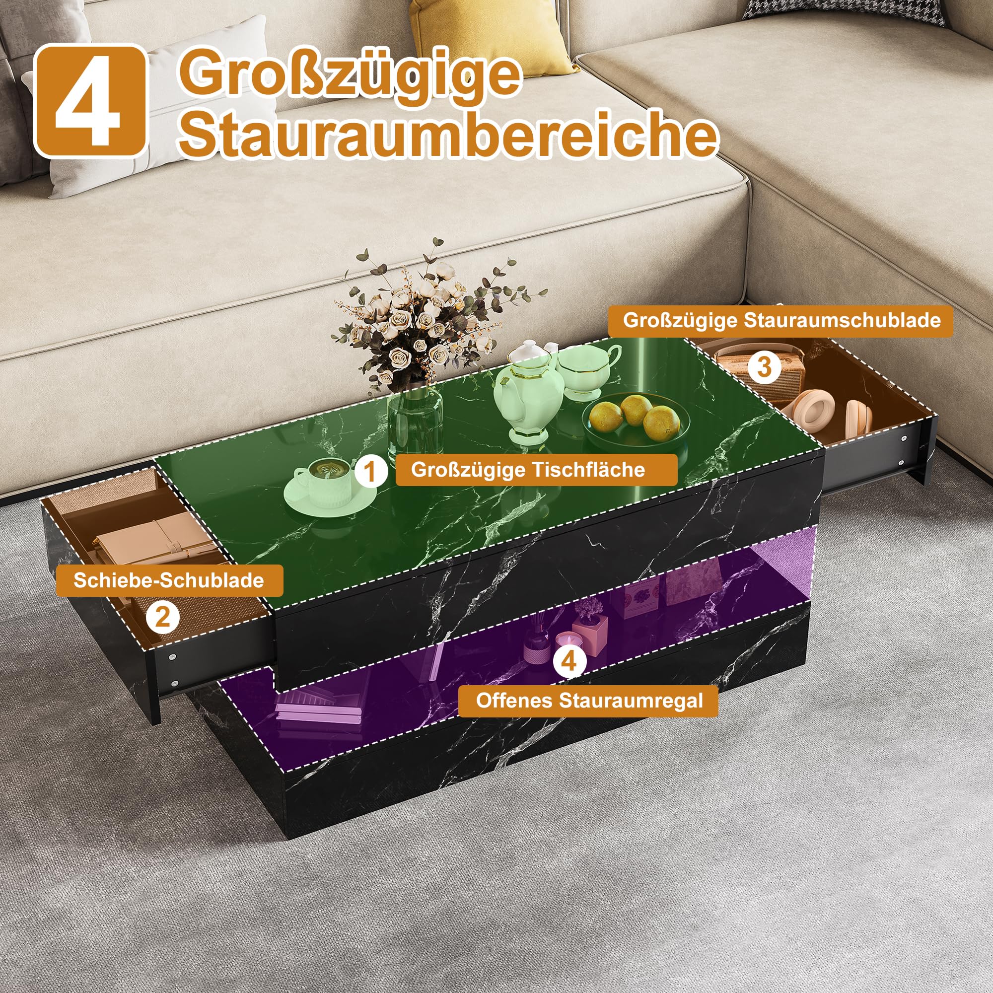 Couchtisch Hochglanz mit Led, Helligkeit und Farbe Einstellbar, Wohnzimmertisch Modern mit Stauraum, Kaffeetisch Wohnzimmer mit Offenem Ausstellungsregal und 2 Schubladen (Schwarz, 100 x 50 cm)