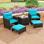 ORALNER 5 Pieces Patio Furniture Set with Ottoman, Wicker Conversation Set w/Cushions, Glass Coffee Table, Outdoor Lounger Rattan Chairs Bistro Set for Porch Balcony Garden Deck Poolside (Turquoise)