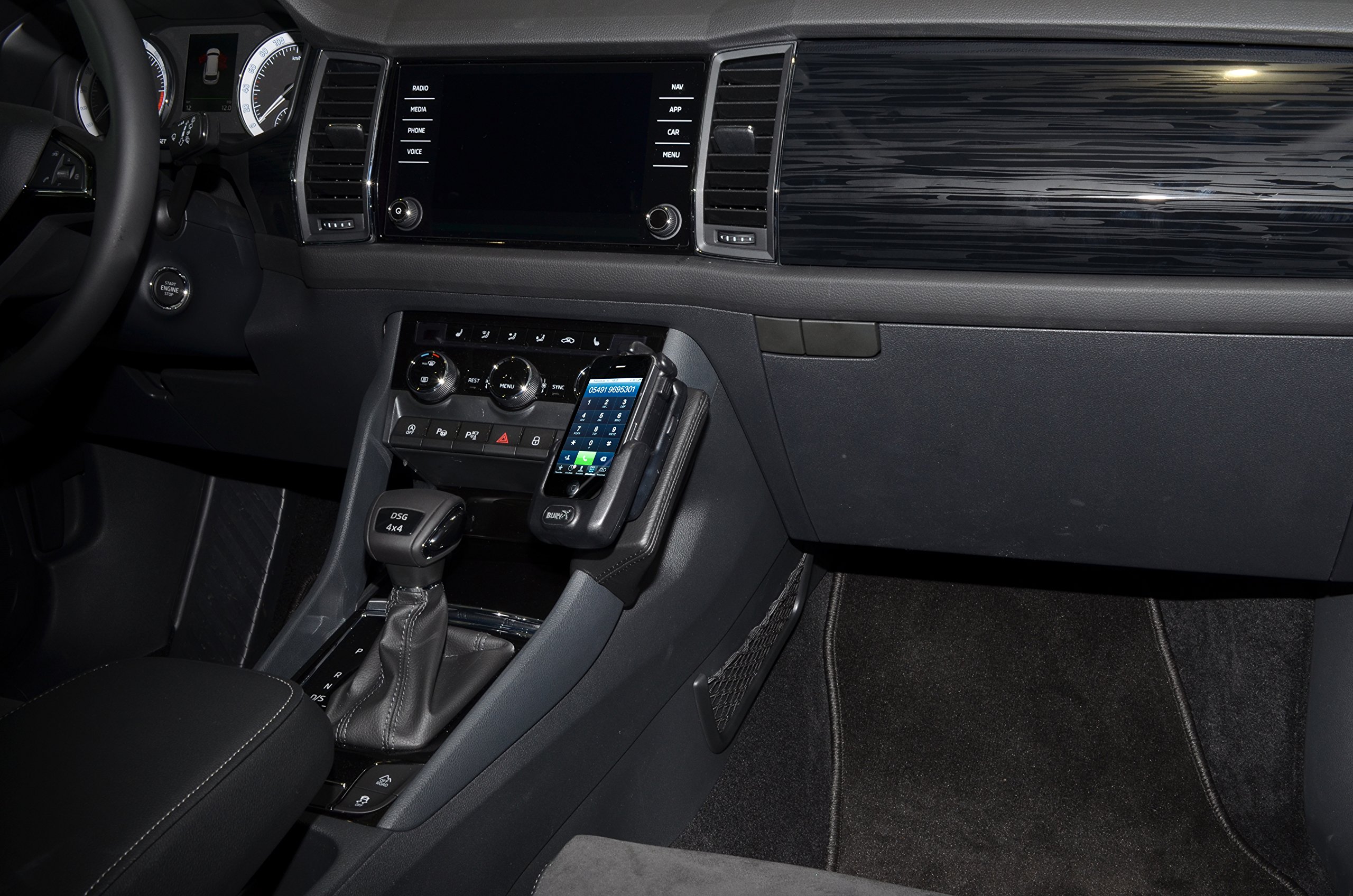 KUDA Uchwyt na telefon komórkowy pasujący do Skoda Kodiaq od 03/2017 / Skoda Karoq - konsola telefoniczna do smartfonów, telefonów komórkowych, nawigacji i innych – konsola z prawdziwej skóry, czarna,