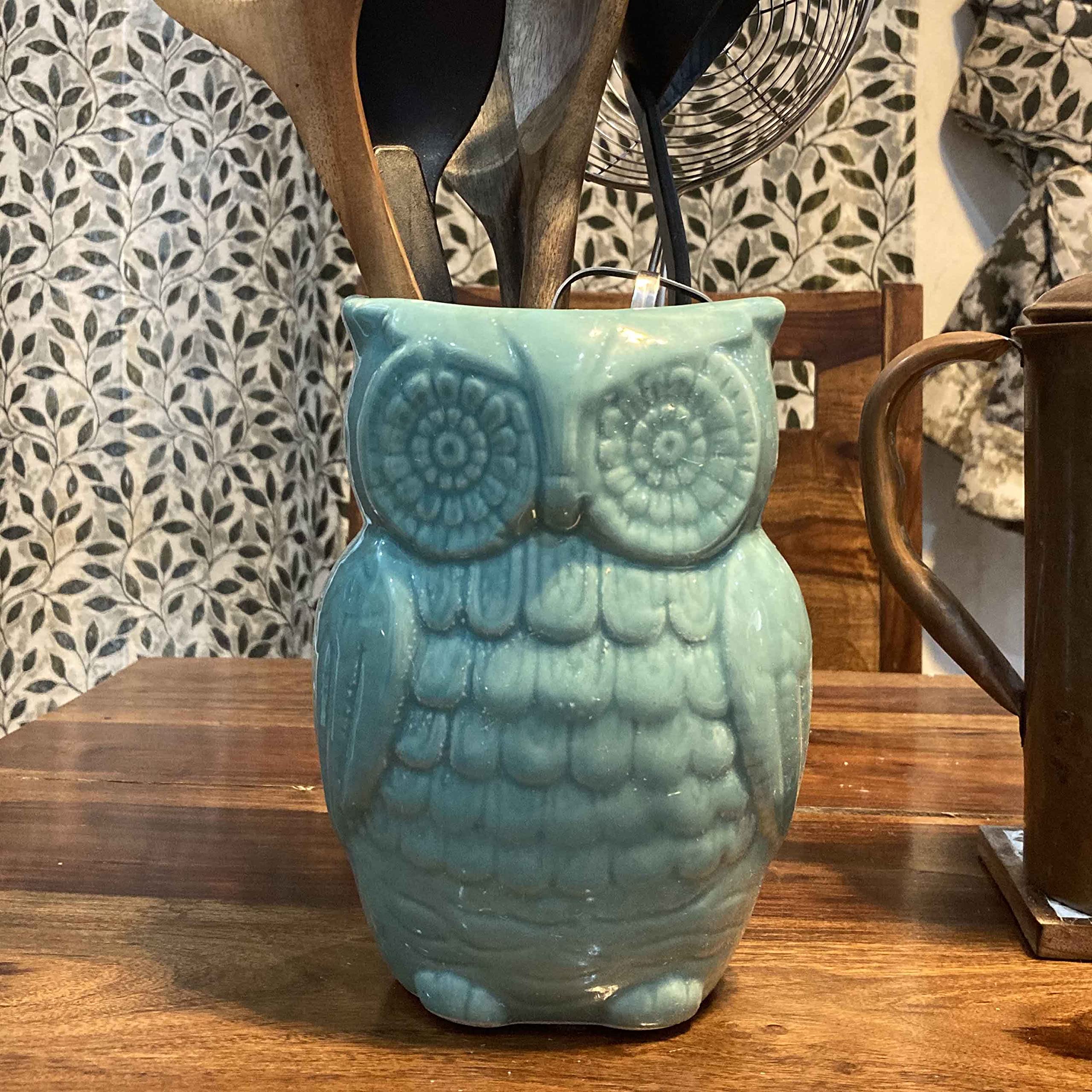 ABHANDICRAFTS Utensil Holder for Kitchen Counter 7.5" Inch Multi-Purpose Ceramic Organizer for Kitchen Decor, Paint Brush, Flower Vase, Cooking Tool Utensils Caddy for Countertop Aqua