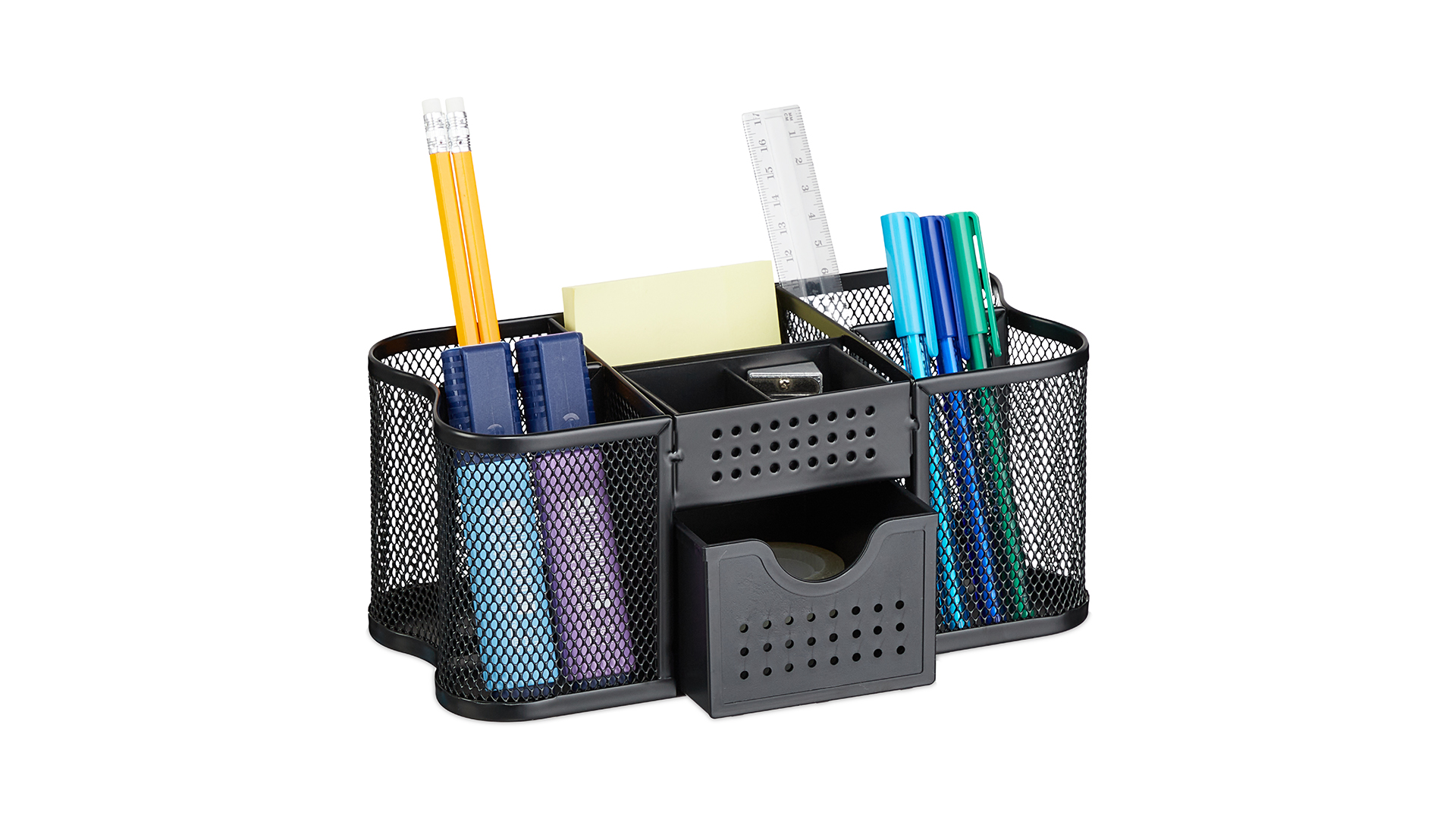 Organiseur de bureau en maille métallique avec porte-stylos et tiroir Organiseur de bureau en maille métallique avec porte-stylos et tiroir