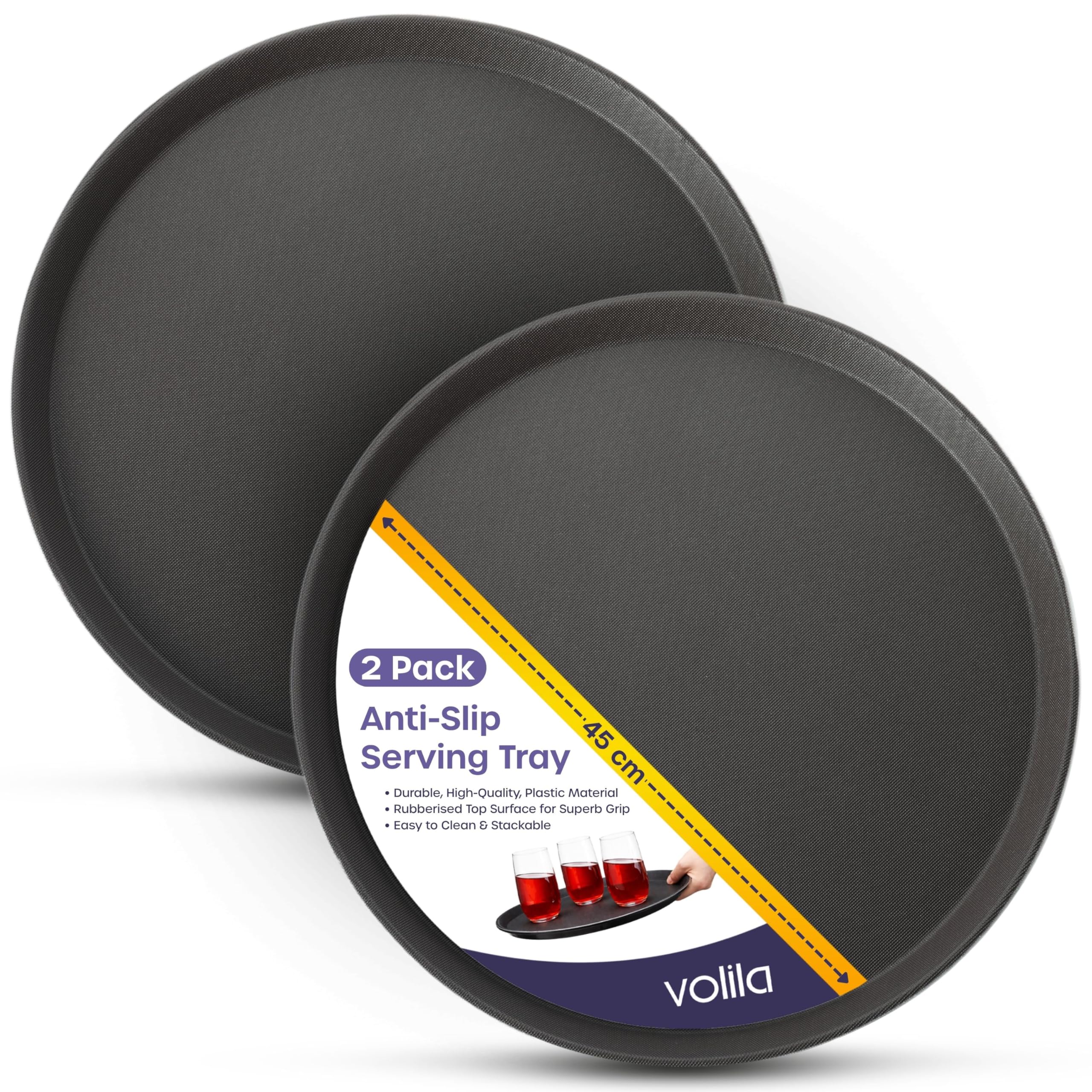 Volila Black 45Cm Tray - 2 Pack Black Round Tray - 45Cm (2 Pack) Rubberized Round Trays For Food Serving And Drinks - Dishwasher Safe Non Slip Tray For Parties, Gatherings, Bars, Restaurants, And Home Use