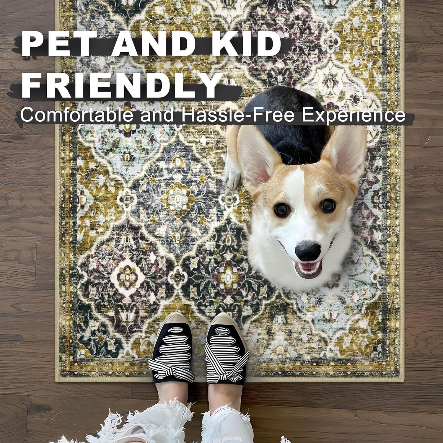 KILOCOCO 2x6 Runner Rug, Moroccan Super Soft Washable Hallway Entryway Runner Rug, Accent Print Faux Wool Kitchen Runner Rug 6 Feet Non-Slip Boho Rug Runners for Laundry Room Bedroom, Gold/Multi