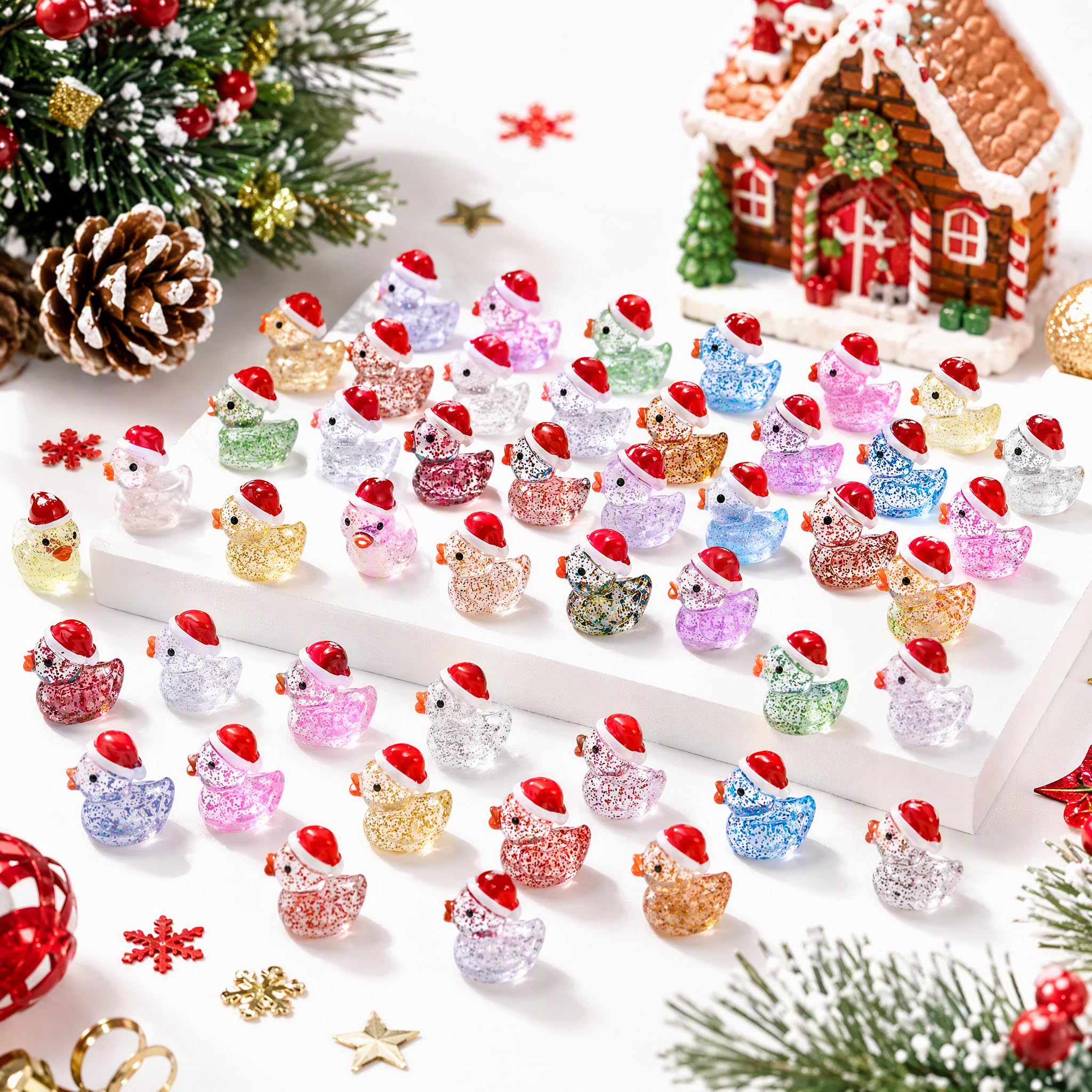 Epunk 50 Pack Christmas Ducks Mini Ducks with Santa Hats Glitter Figures
