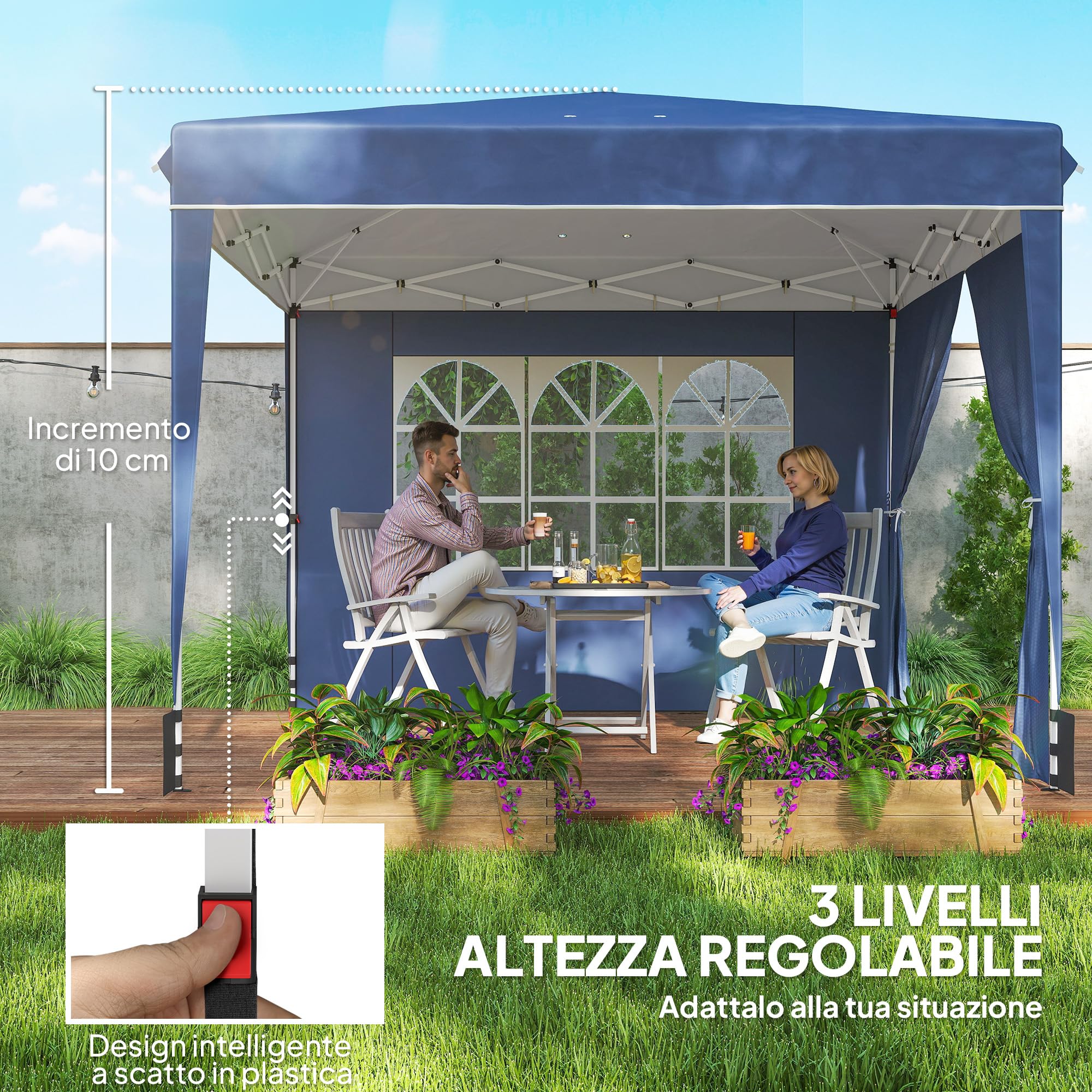 Outsunny Gazebo 3x3m Pieghevole Pop Up Altezza Regolabile, Gazebo da Giardino con Pareti Laterali, UV50+, Blu Scuro