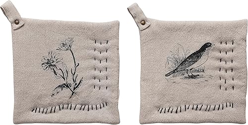 Creative Co-Op 8 Inches Square Cotton Slub Printed Cooking and Kitchenware, Cream and Black, Set of 2 Pot Holders