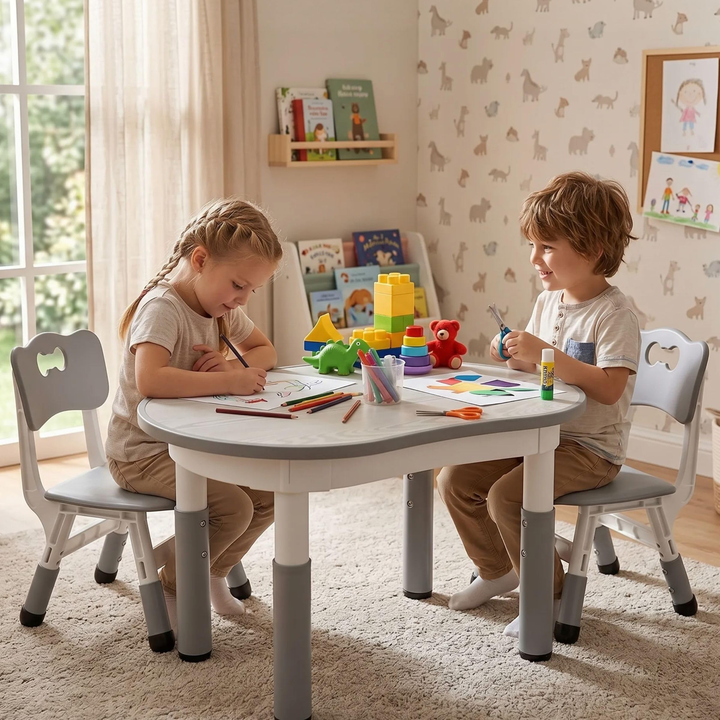 Kindertisch mit 2PCS Stühlen, Packung mit 2 Stühlen, Kindersitzgruppe Höhenverstellbar,Plastik Kinder Tisch Stuhl Set, Erdnussform, Maltisch,Kinder Schreibtisch für Kindertagesstätte/Kindergarten,Grau