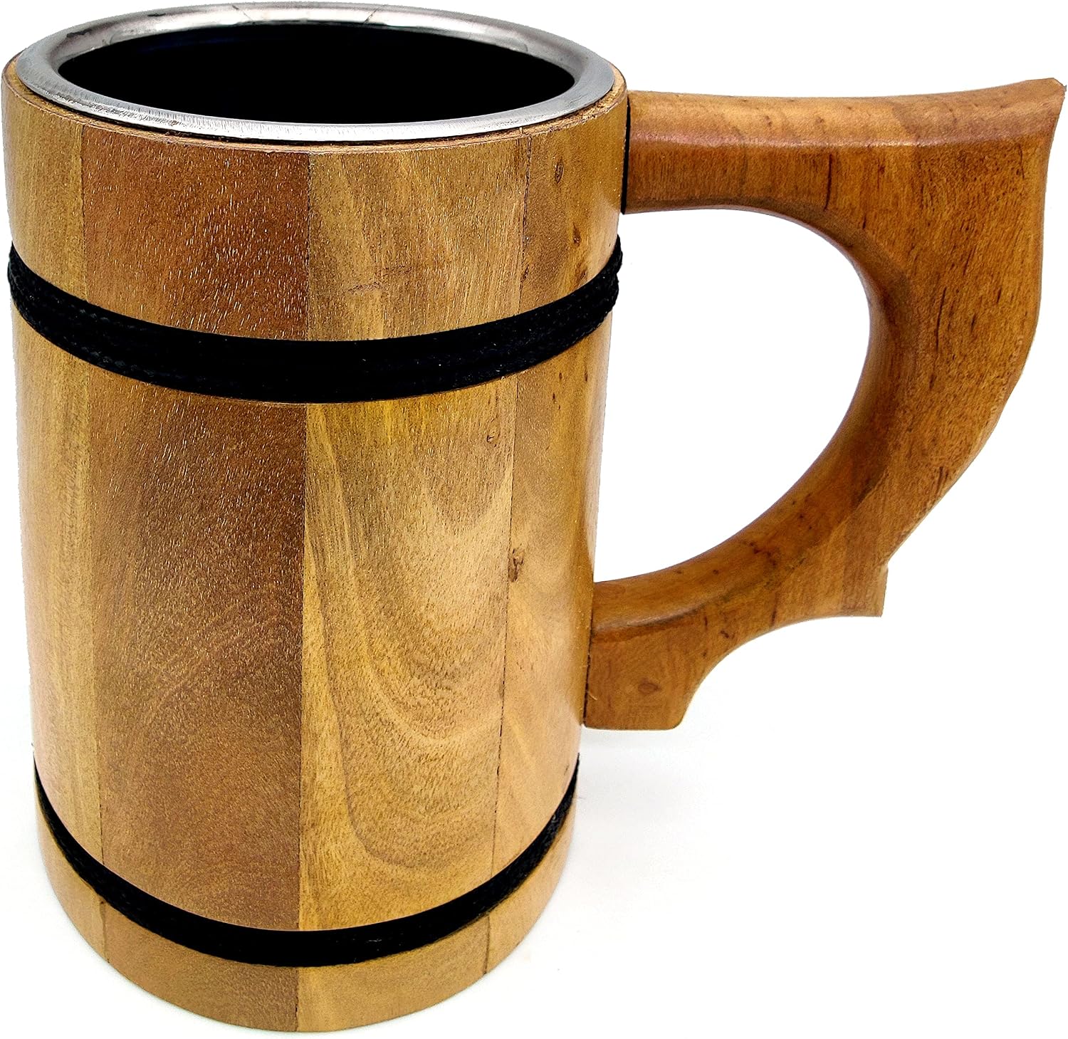 5MOONSUN5 Handmade Beer Mug, Wood Tankard Beer Stein 16 oz D&D Mug With Stainless Steel Inside Eco-Friendly Vintage Bar Accessories Barrel Brown Classic Retro Design Halloween Party Decorations Gift