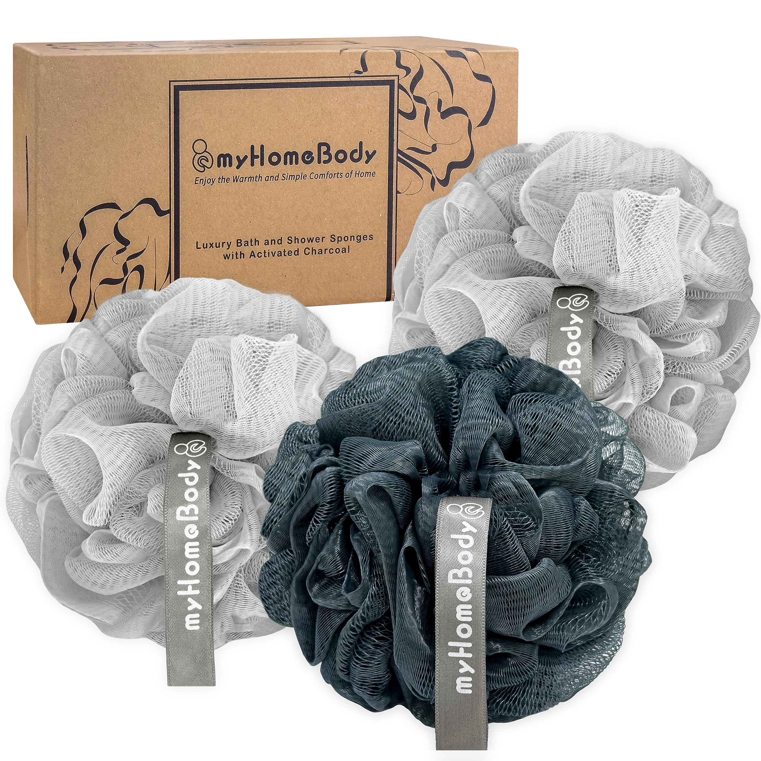 Pack of 3 myHomeBody 60g Loofah Sponge, Body Scrubber, Bath Sponge, Loofah for Women, Men, Exfoliating Sponge Shower Pouf with Activated Charcoal - 2 Fog Gray + 1 Midnight Blue,