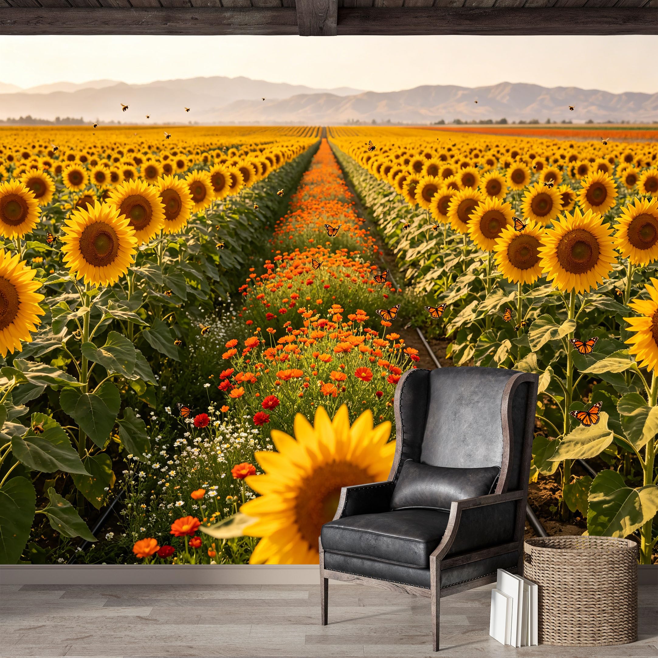 Custom Size Wall Mural,Sunflower Field with Butterflies and Bees Premium Water Activated SelfAdhesive Wallpaper,Removable Wall Covering,Easy DIY Install Wall Art for Indoor Home Decor