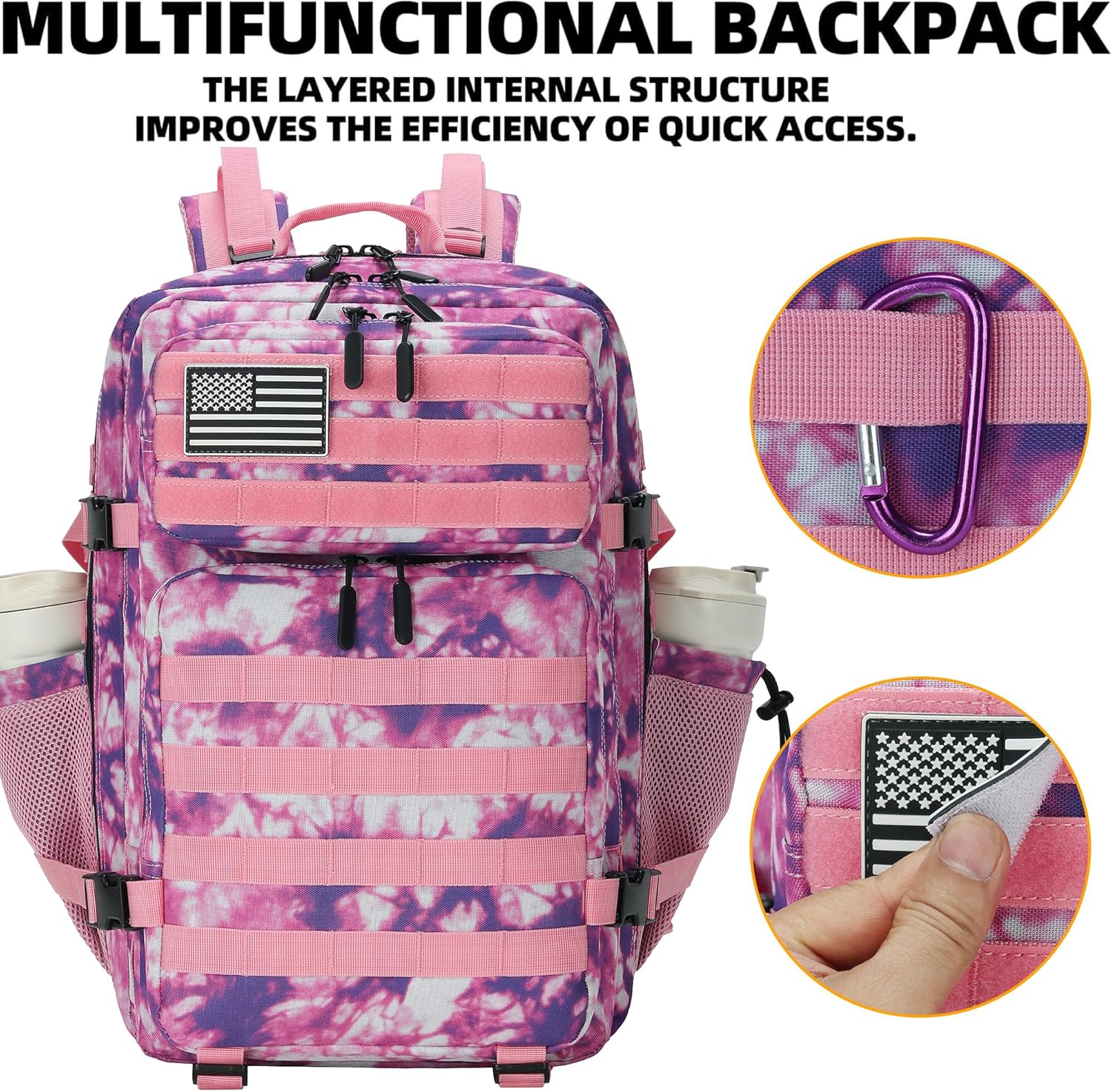 45L Tactical Assault Backpack 3 day assault pack with Molle Waterproof backpack Rucksack for Tactical Backpacks (Rose Tie-Dye) - Image 3