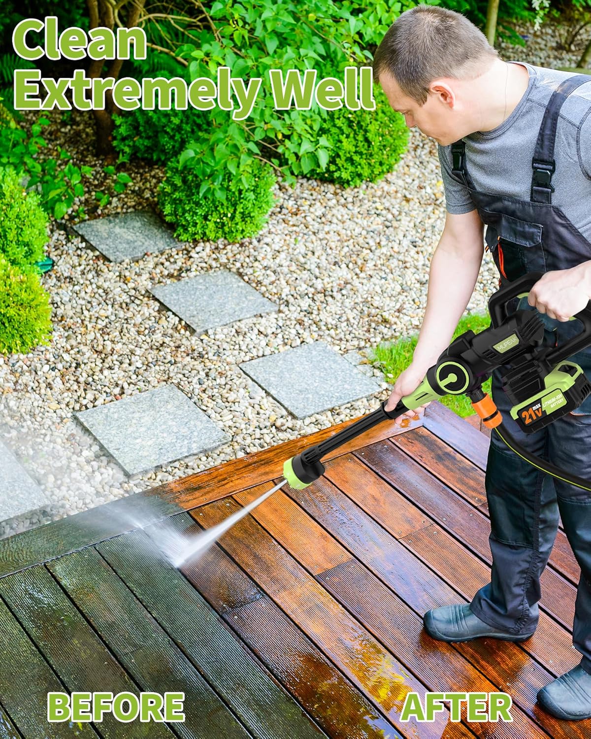 Brushless Cordless Pressure Washer, 1100PSI-Cordless Power Washer with 2 Batteries, 6-in-1 Nozzle/3-Modes Adjustable, 21V 4.0Ah Portable Pressure Washers Battery Operated for Car Home, Green - Image 3
