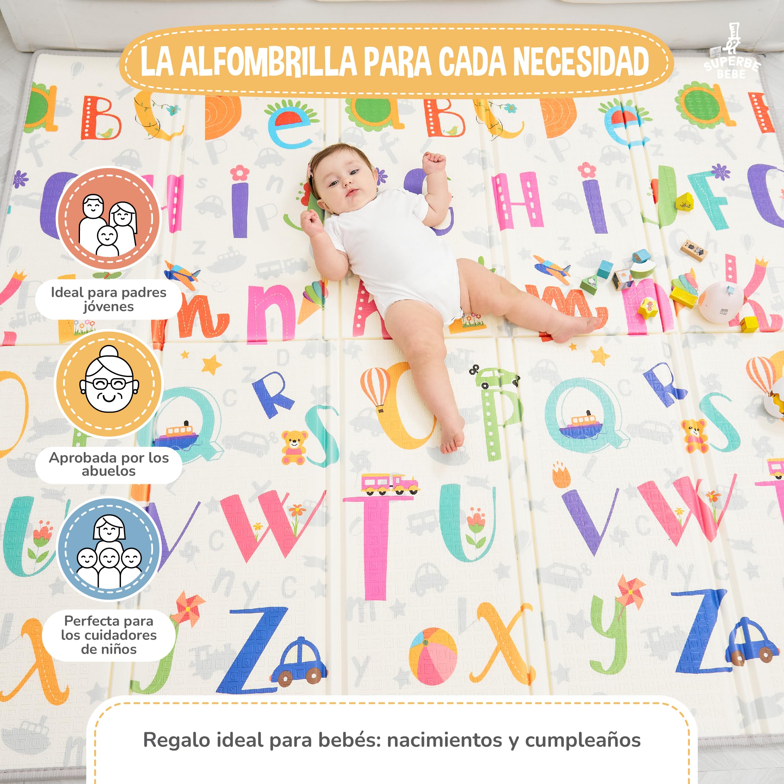 Alfombra Bebe Acolchada Plegable 180x200x1.5cm- Gimnasio Bebe - Manta De Juegos - Manta Actividades Impermeable Reversible - Tapete De Actividades - Gimnasio Infantil - Regalo Bebé