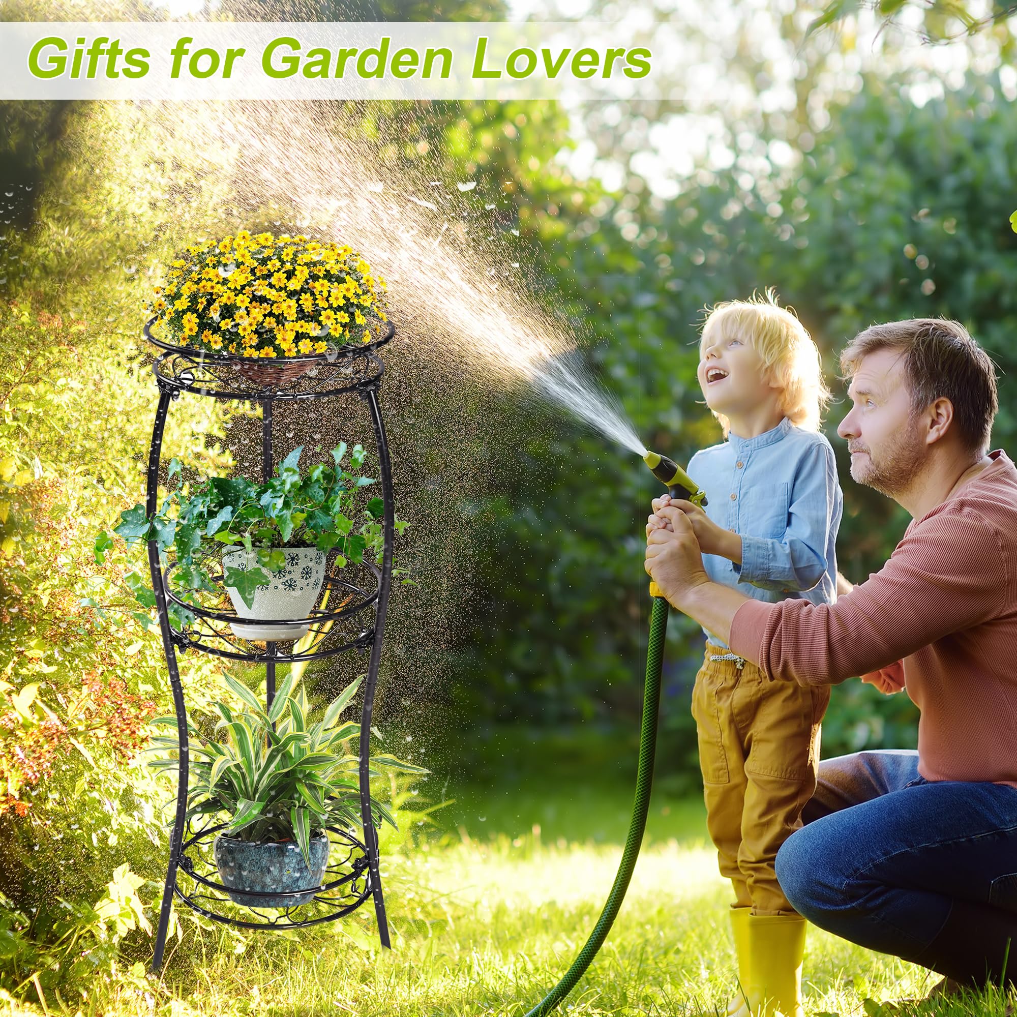 VECELO Supporto per piante da esterno a 3 ripiani in metallo, antiruggine, stabile, in ferro, alto 85,9 cm, decorativo, multiplo e resistente, per angoli, patio, balcone, giardino, nero