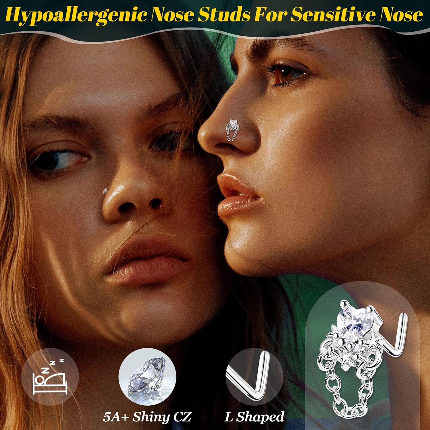 REVOLIA 20Pcs 20G Surgical Steel Dangle Nose Rings L Shaped Nose Ring Studs for Women Men CZ Heart Moon Dangling Flower Butterfly Nose Piercing Jewelry - Image 5