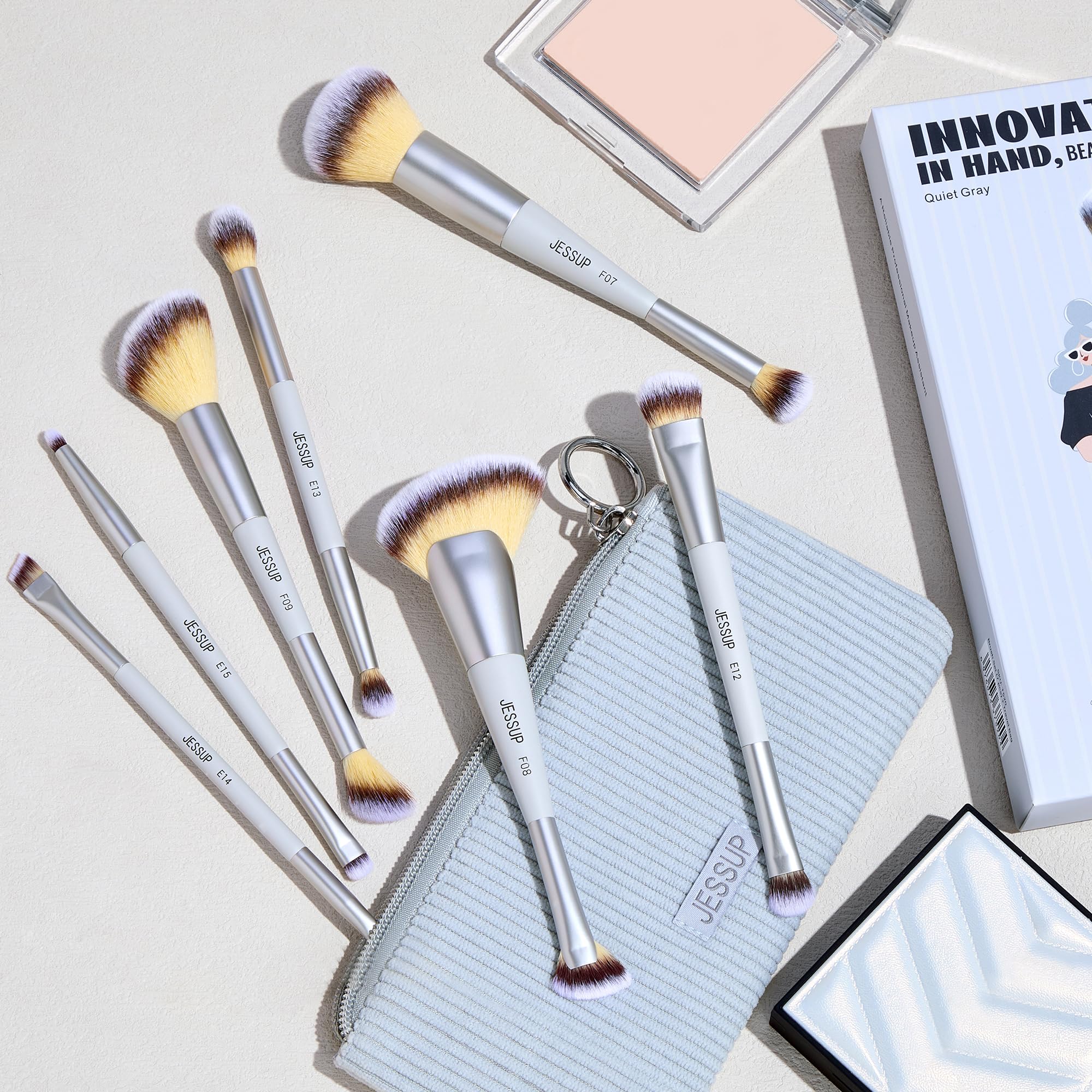 Jessup Pinceaux Maquillages Double Embout Set de 7 Pinceau Maquillage pour Fond de Teint, Contour, Rougir, Illuminateur, Sourcils et Fard à Paupières avec Pochette, Quiet Gray T520