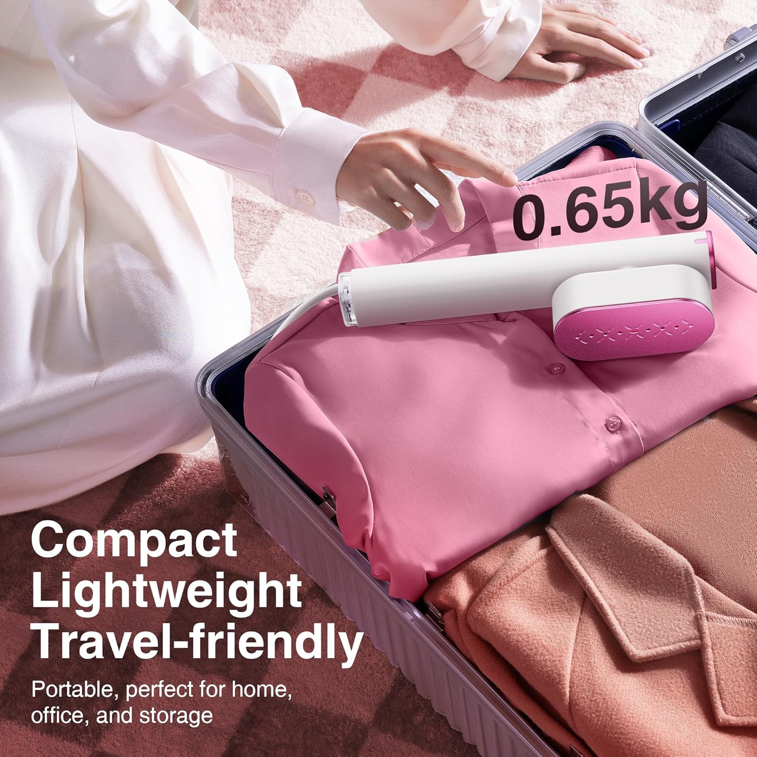 Portable Clothes Steamer, 100-240V Dual Voltage Garment Steamer, 1000W Travel Steamer, 30s Fast Heat Up, 10 Minutes Continuous Steam, Ceramic Panel Steamer Iron for Travel & Home Use (Rose Red)