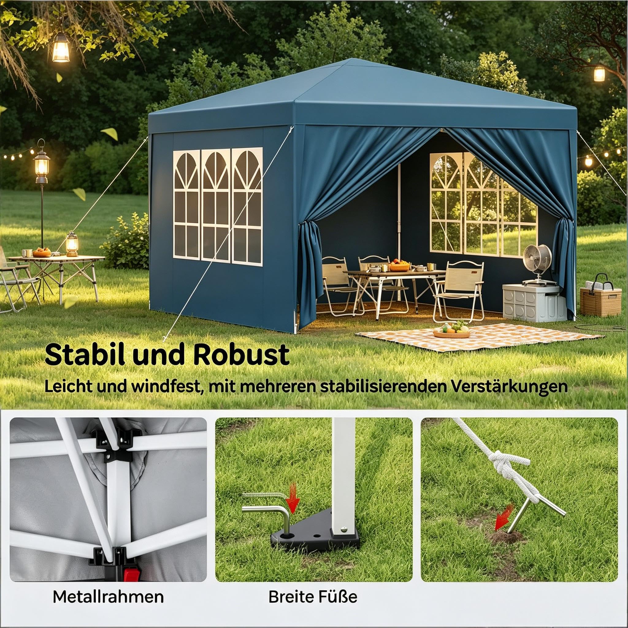 Gazebo 3 x 3 m blu – Gazebo pieghevole impermeabile con protezione UV 50+, telaio in acciaio regolabile in altezza, pieghevole, per feste, giardino, terrazza, campeggio