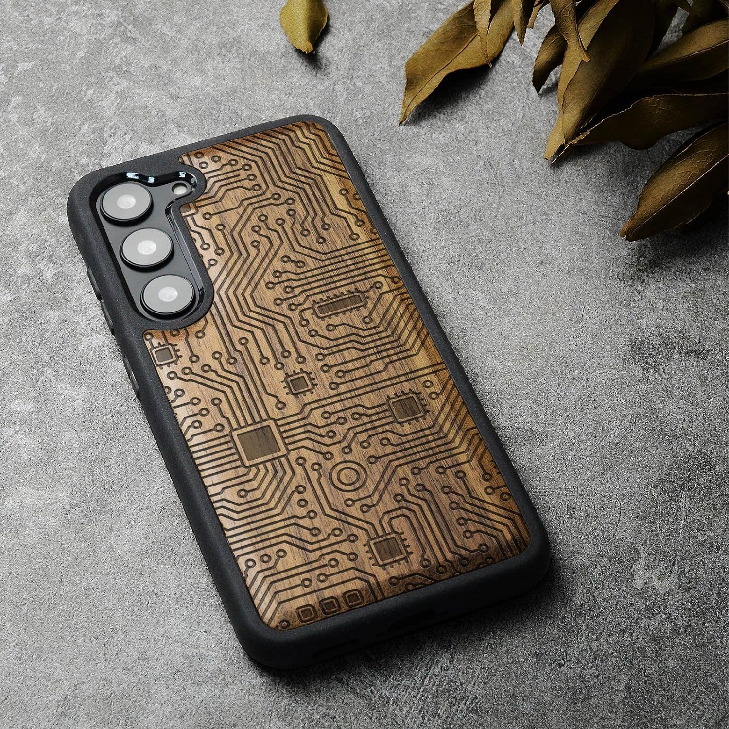 Carveit Wood Case for Galaxy S23 Case [Natural Wood & Black Soft TPU] Shockproof Protective Cover Unique & Classy Wooden Design Compatible with Samsung S23 (Motherboard-Walnut)