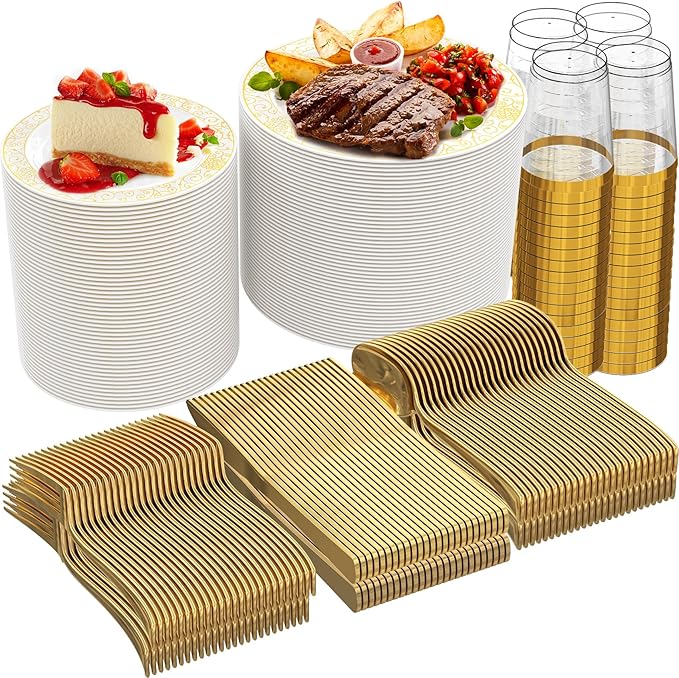 GreenElevate Plastic Plates, 300 Pieces Disposable Plates for 50 Guests: 50 Dinner Plates, 50 Dessert Plates, 50 Cups, 50 Gold Plastic Silverware, Disposable Party Plates Set