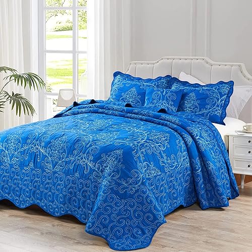 HESTIN Juego de edredón de 4 piezas de gran tamaño con patrón de cachemira de damasco de microfibra, suave y ligero, bordado con hermosas costuras