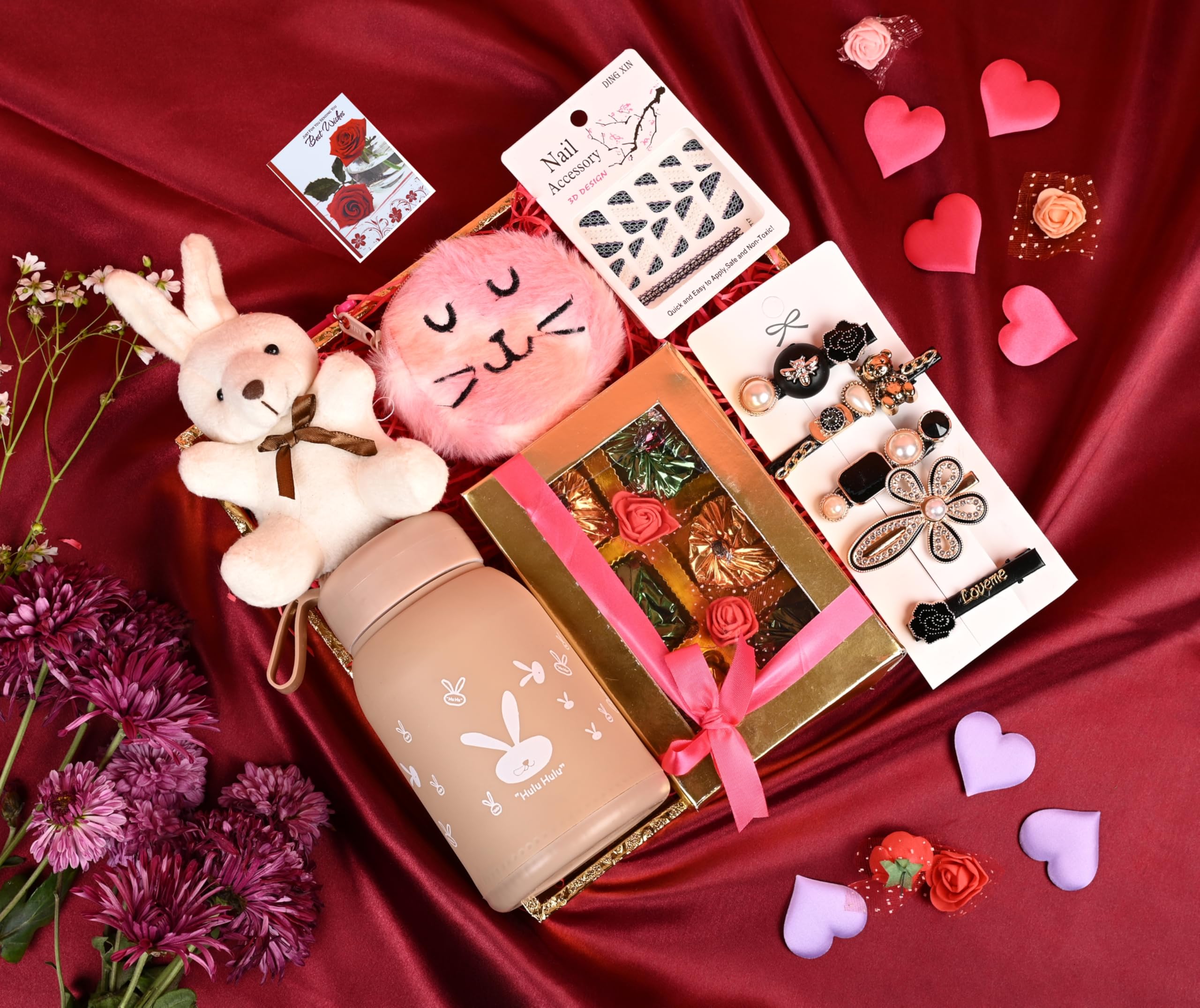 Rakhi gift for girls/rakhi gift for cute sister/gift for women-Box of handcrafted chocolates+Glass water bottle+Teddy bear key chain+set of 5 pins+Nail accessory+kitty purse+card-image-26