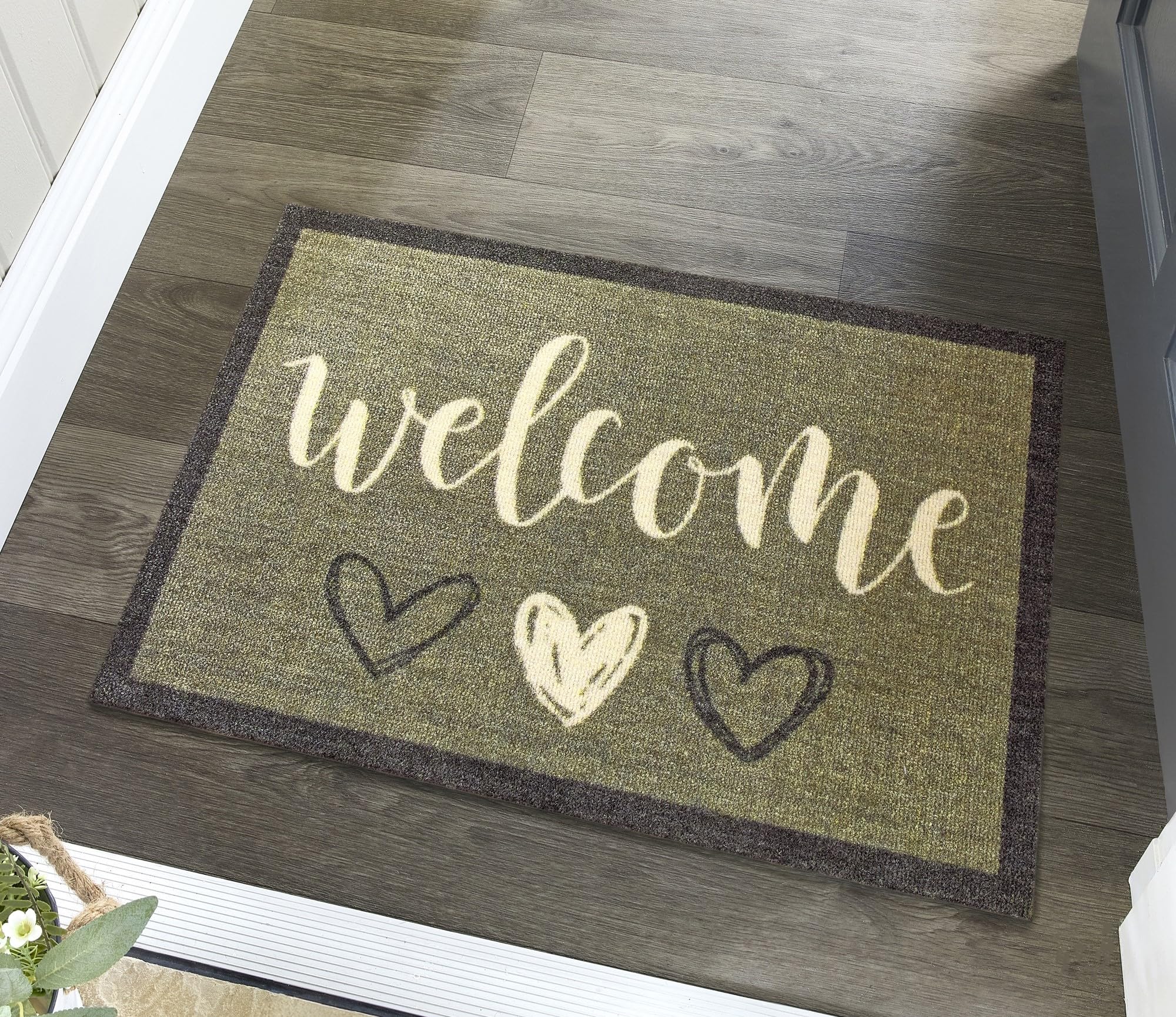 Washable Entryway Non-Slip Mat for Home Entrance Rug, Hallway Runner, Bathroom or Kitchen Easy Clean Durable Absorbent Stain Resistant Mud Mat Welcome Hearts Sage Green, 50 x 75 cm (2'x2'5") — image 1