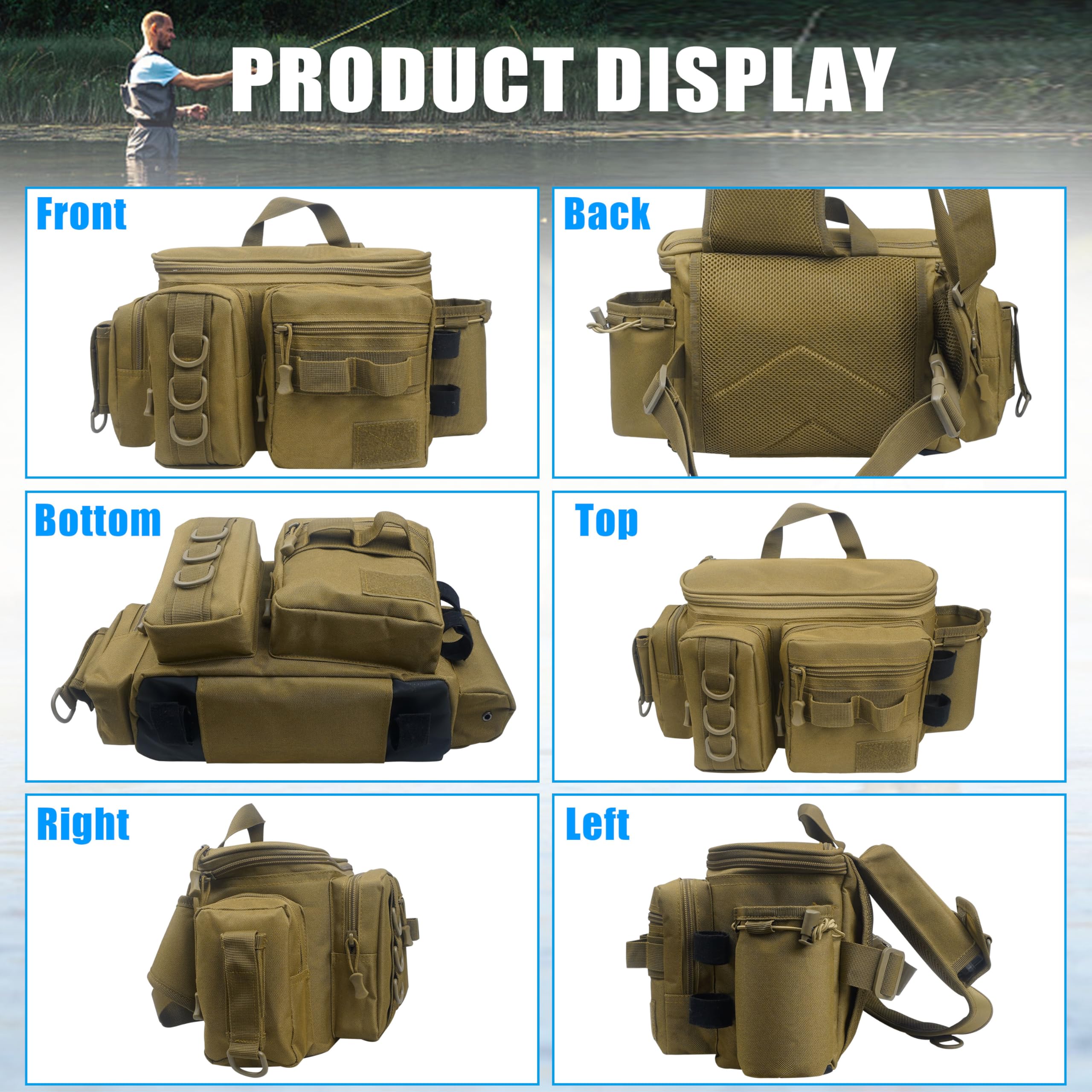 OROOTL Borsa a tracolla da pesca con supporto per canna, zaino da pesca portatile, leggero, impermeabile, borsa a tracolla per attrezzi da pesca, per uomini e donne, regalo