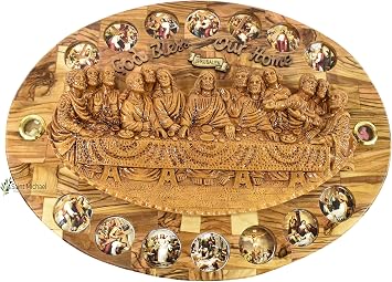 14 Stations & Last Supper Wall Decor Handmade authentic olive wood plaque carved in the Holy Land of Bethlehem. It displays the last supper