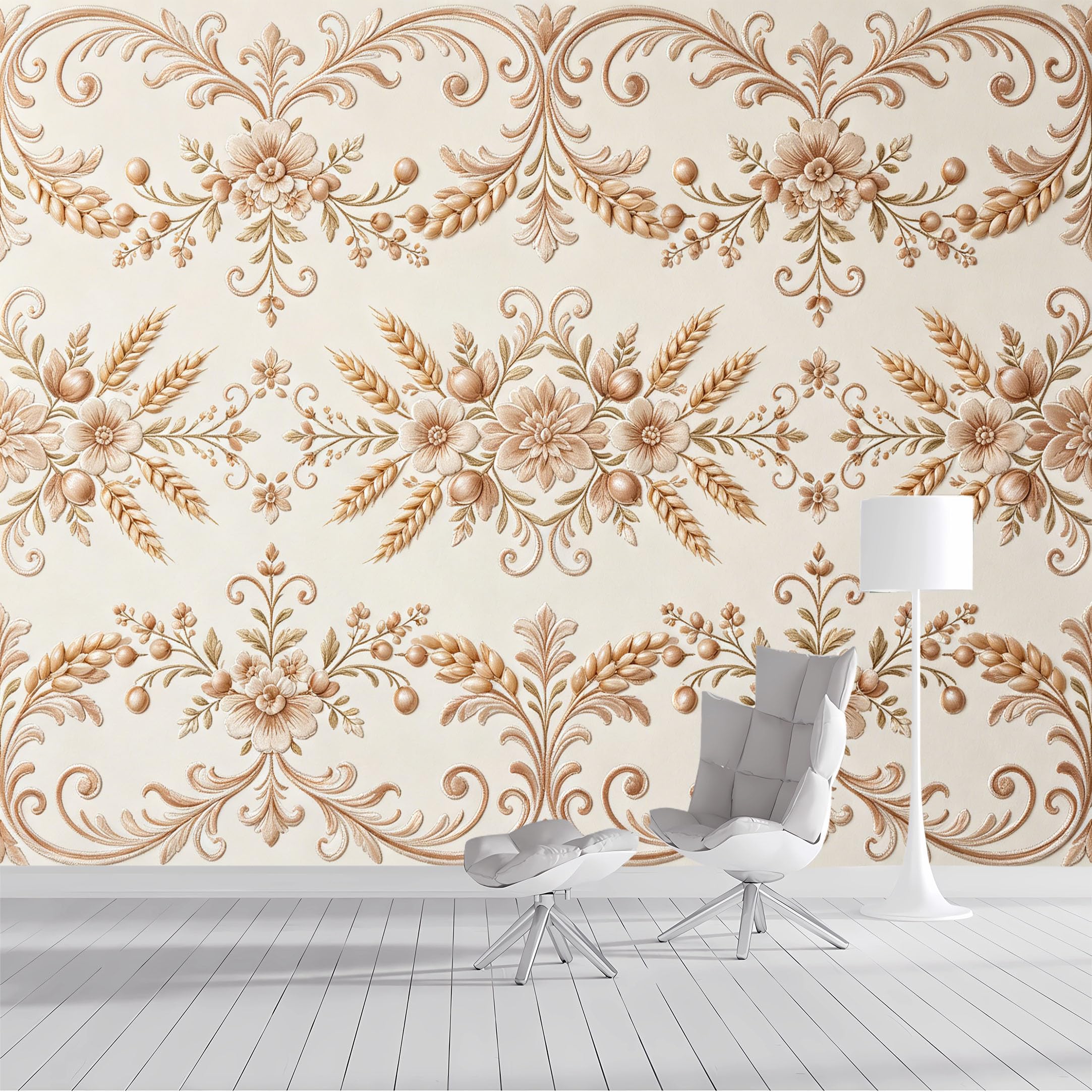 Custom Size Wall Mural Botanical Floral Wheat Gilded Damask Pattern SelfAdhesive Wall Fabric Removable Peel and Stick Wallpaper Wall Decor for Living Room Bedroom Bathroom