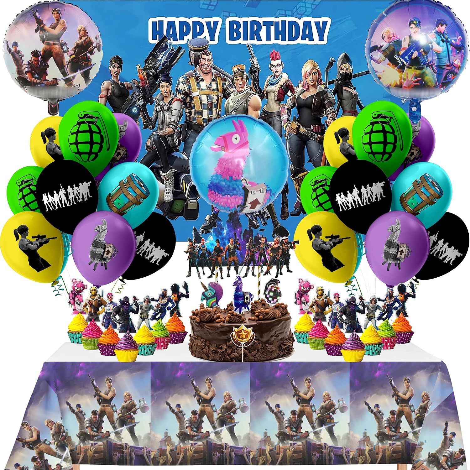 Nelton Video Game Party Supplies Includes Backdrop, Cake Toppers, 24 Cupcake Toppers, 18 Balloons, 3 Foil Balloons, Table Cloth