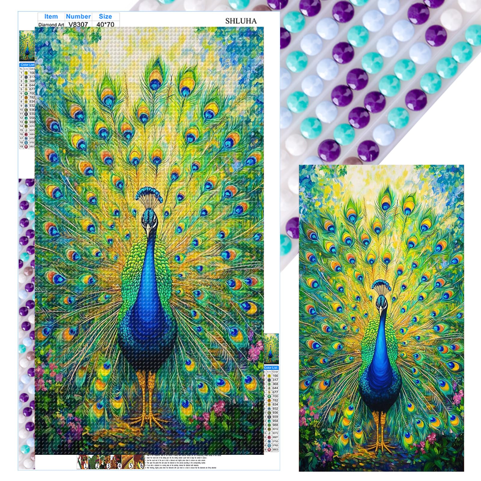 Poetrydraw V8307 Peacock Full Diy 5D Round Drill Gem Art Diamond Art Painting Kits For Adults/Beginners Gift Idea Home Wall Decor Diamond Art Kits 15.75X27.56in (V8307)