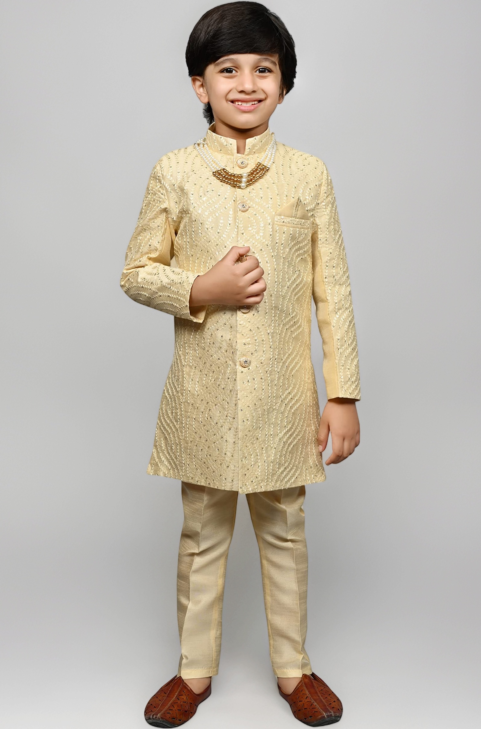 AHHAAAA Kids Ethnic Silk Blend Sequin Print Indo-Western Sherwani Set For Boys