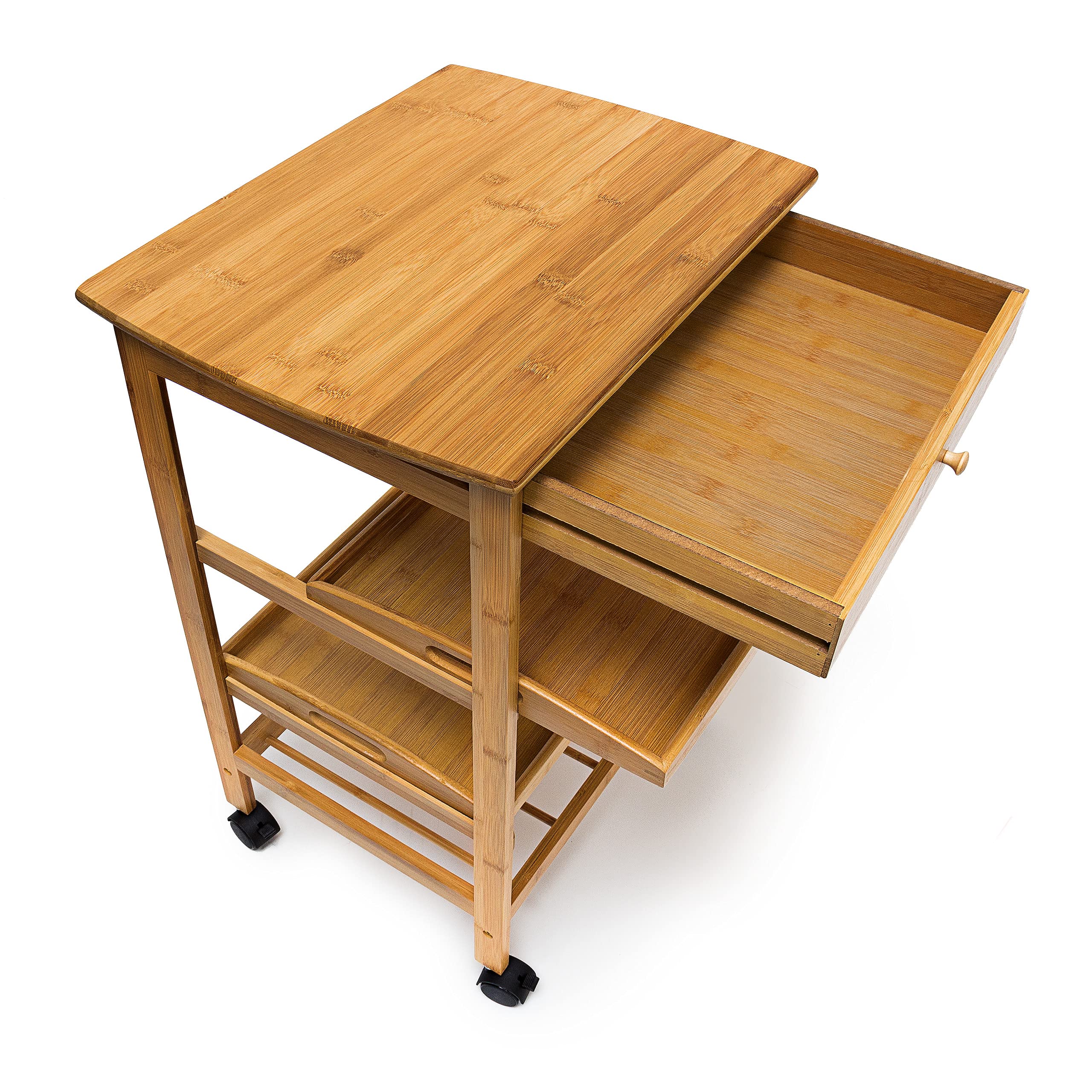 Relaxdays Carrito Auxiliar con Ruedas, 80,5x50x37cm, Verdulero, Carro Cocina, Cajón y 2 Estantes, Bambú, Marrón Natural