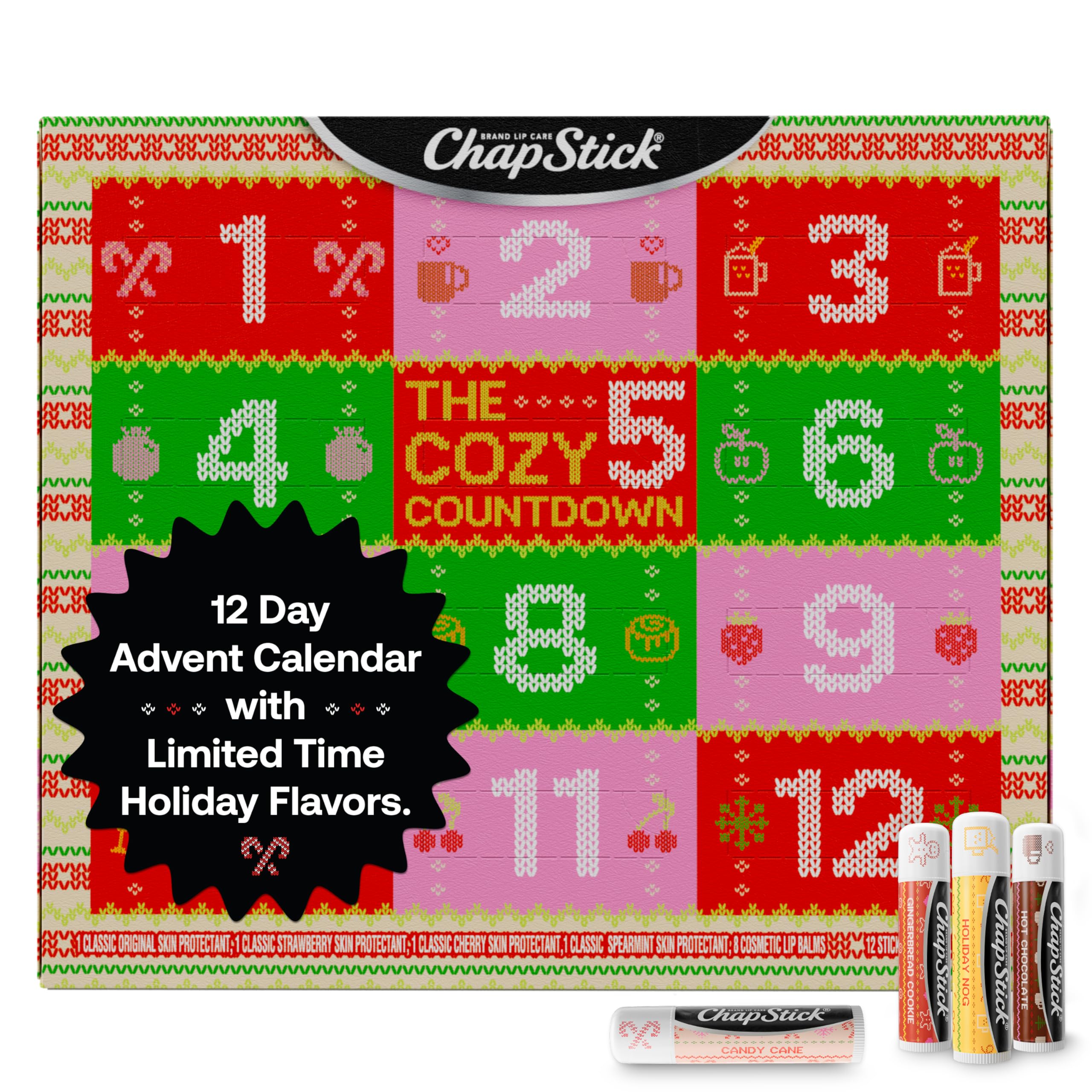 Advent Calendar 2025 – Cozy Countdown to Christmas, Variety 12-Pack Lip Balm Gift Set, Holiday Gifts for Women, Men, Teens, Coworkers, Grandpa & Grandma Gifts, 0.15 Oz Ea