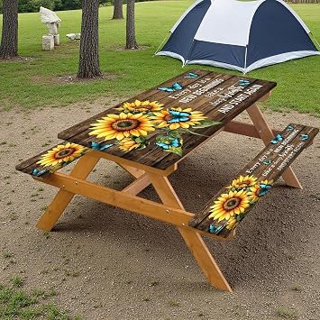 Vintage Rustic Picnic Table Cover with Bench Covers Reusable Table Cover for Camping with Elastic Outdoor Windproof Waterproof Rectangle Fitted Tablecloth and Seat Covers with Drawstring Bag 30X72IN